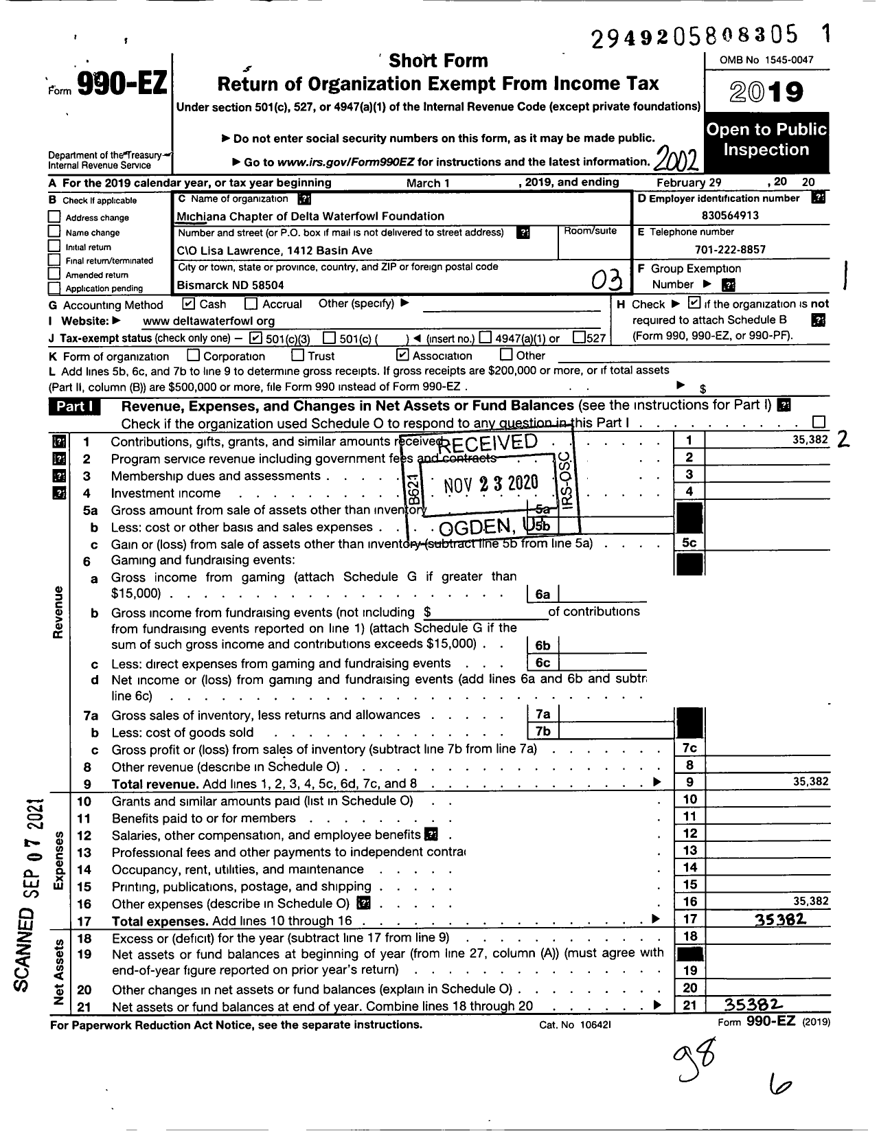 Image of first page of 2019 Form 990EZ for Michiana Chapter of Delta Waterfowl Foundation