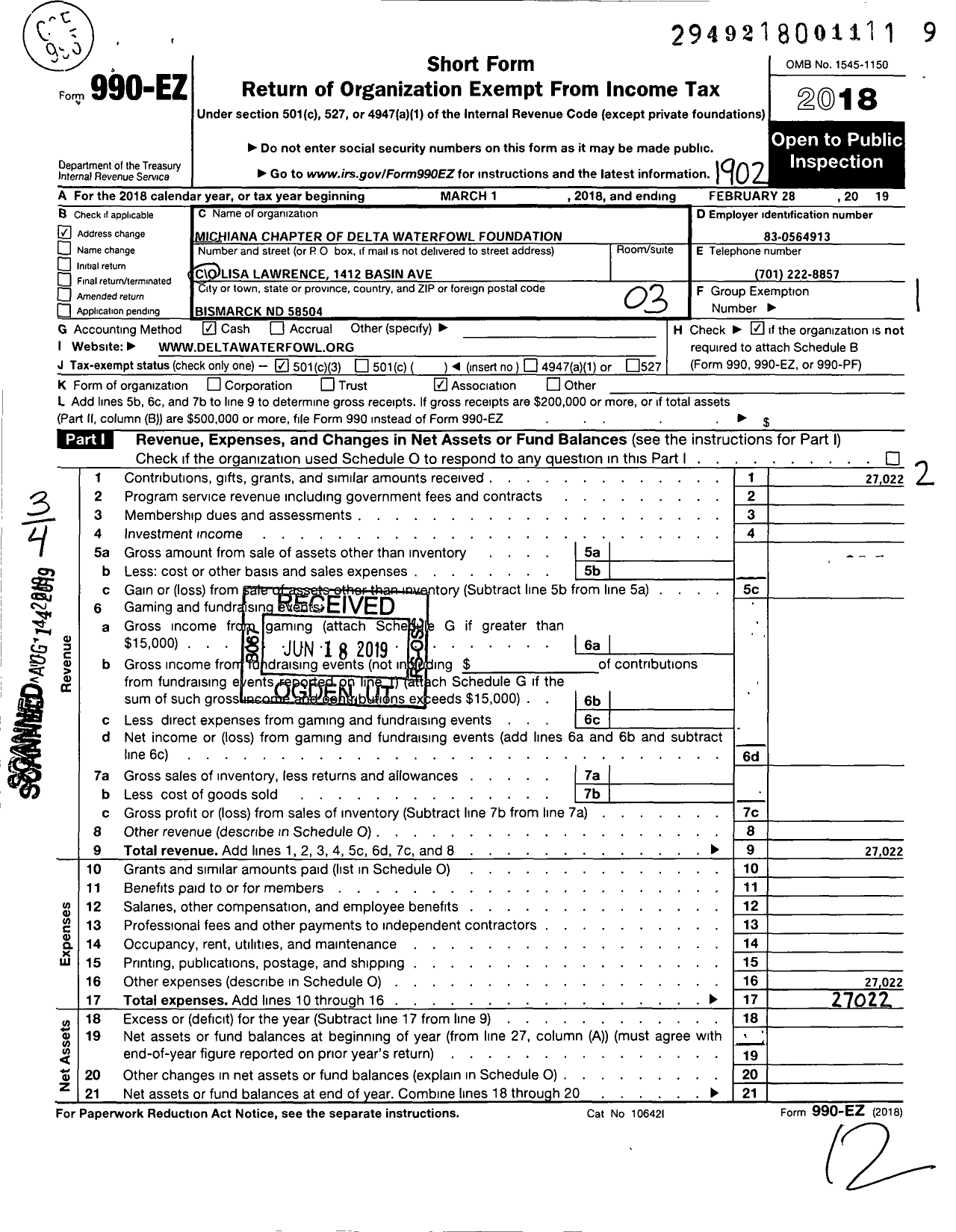 Image of first page of 2018 Form 990EZ for Michiana Chapter of Delta Waterfowl Foundation