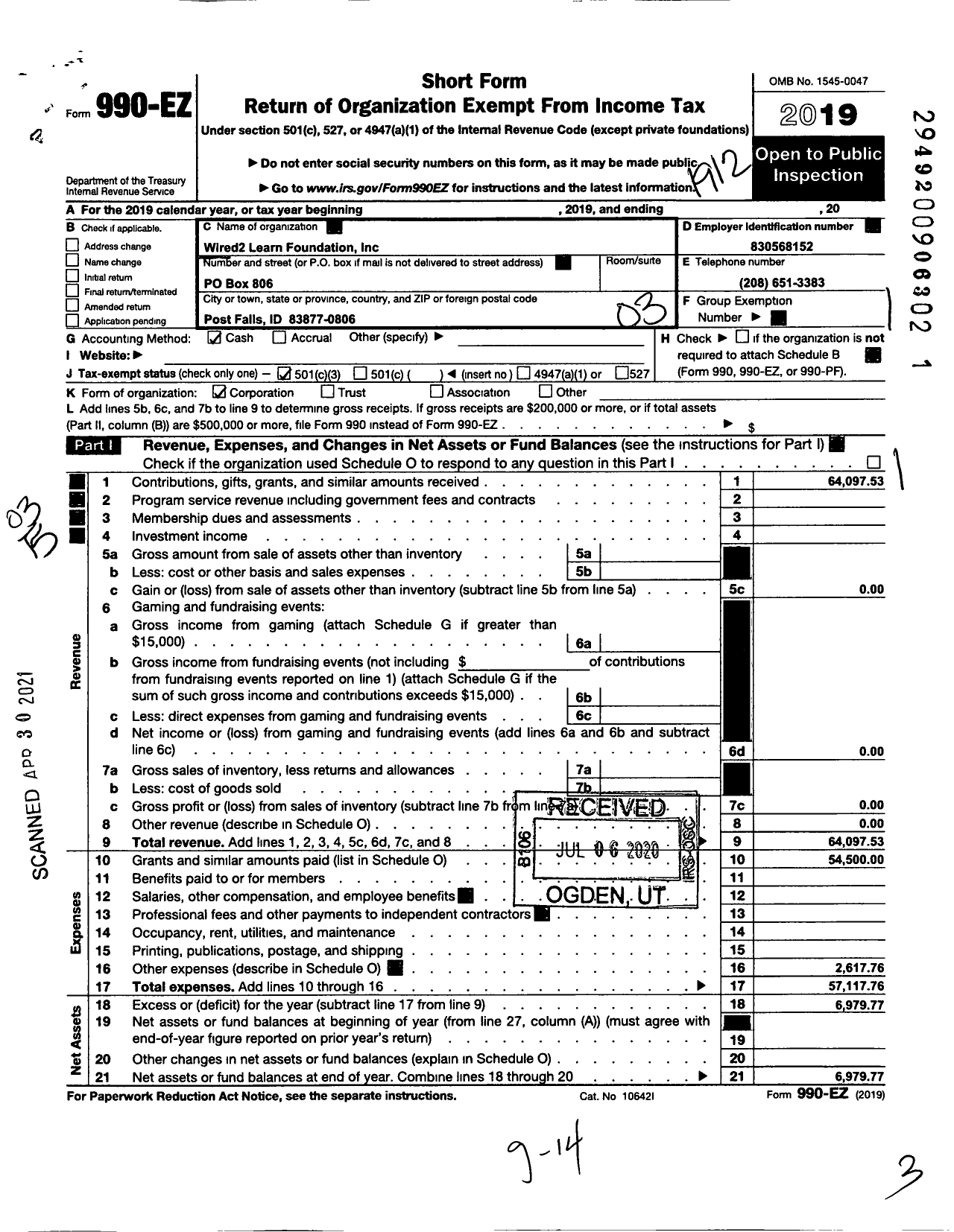 Image of first page of 2019 Form 990EZ for Wired2learn Foundation