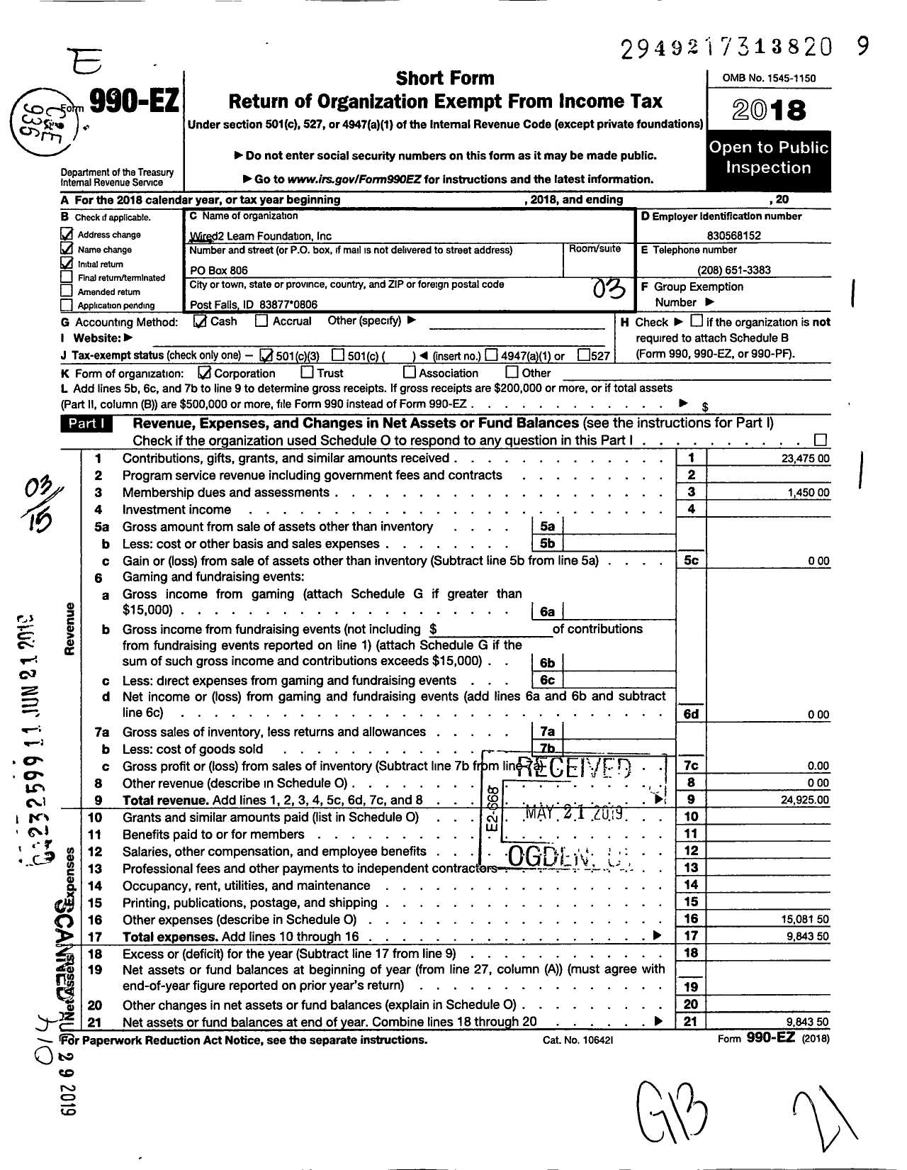 Image of first page of 2018 Form 990EZ for Wired2learn Foundation