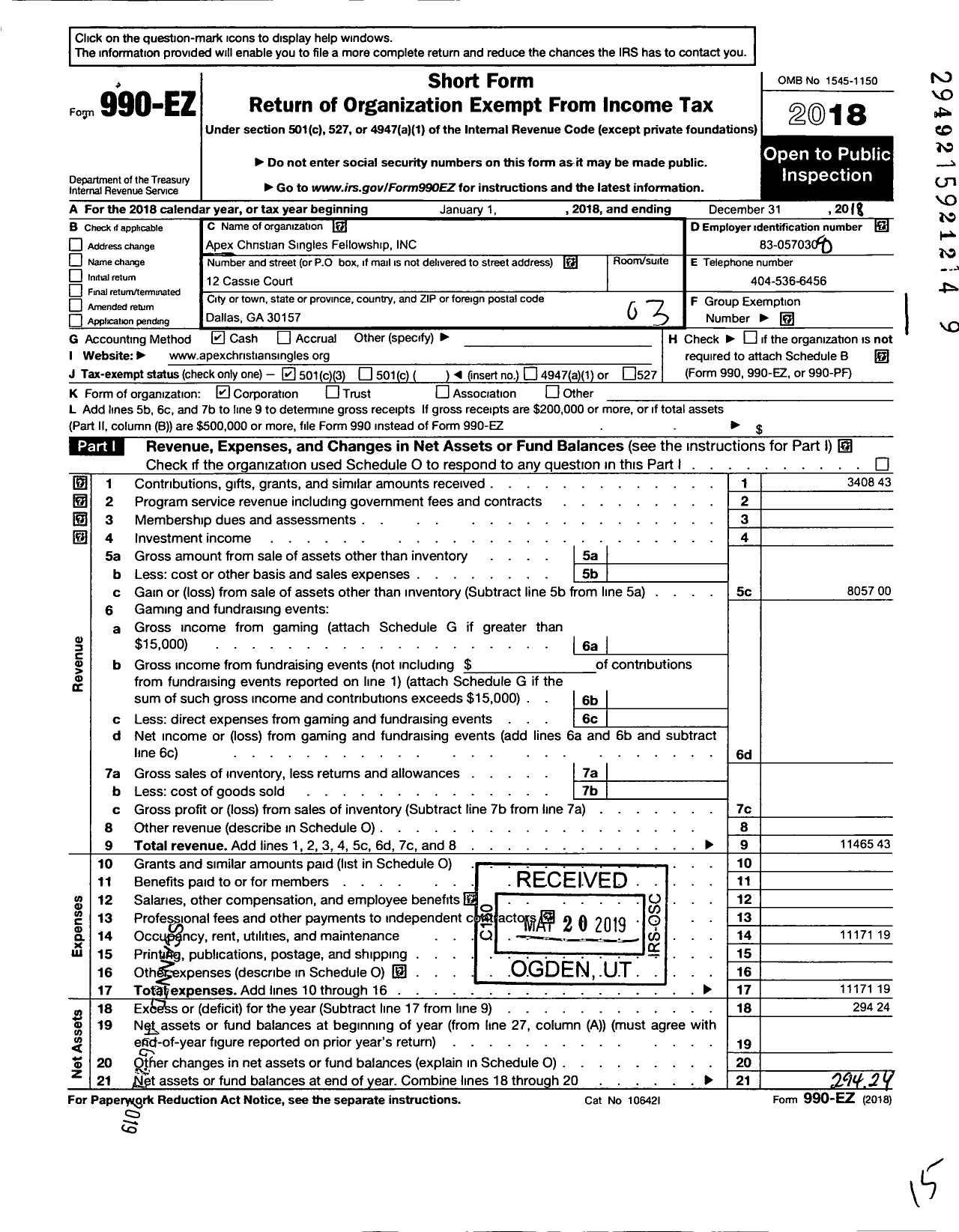Image of first page of 2018 Form 990EZ for Apex Christian Singles Fellowship