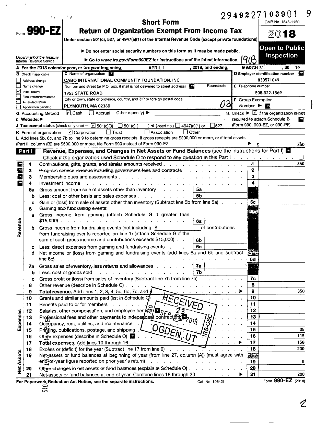 Image of first page of 2018 Form 990EZ for Cabo International Community Foundation