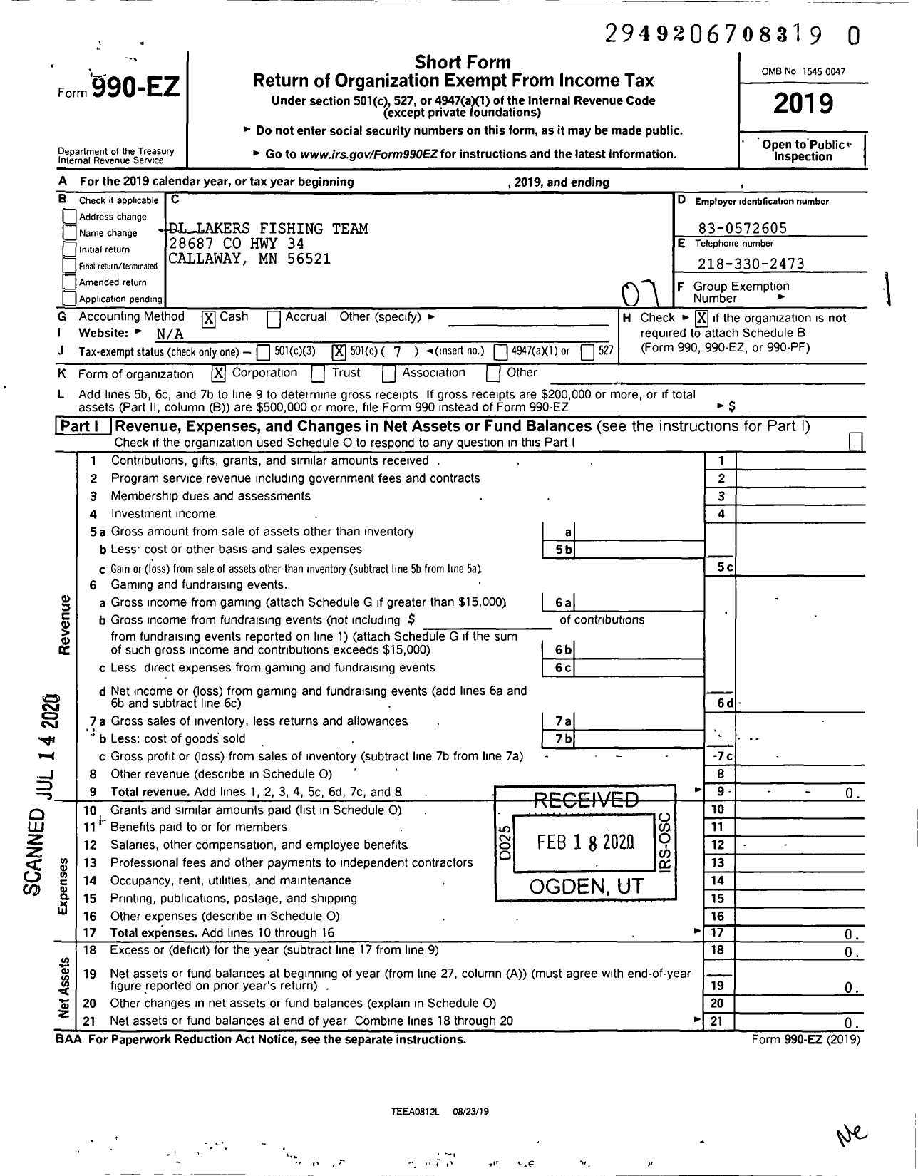 Image of first page of 2019 Form 990EO for DL Lakers Fishing Team