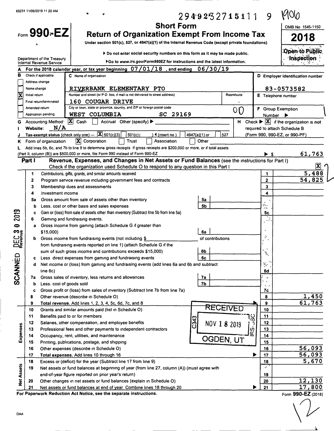 Image of first page of 2018 Form 990EO for Riverbank Elementary Pto Dickerson