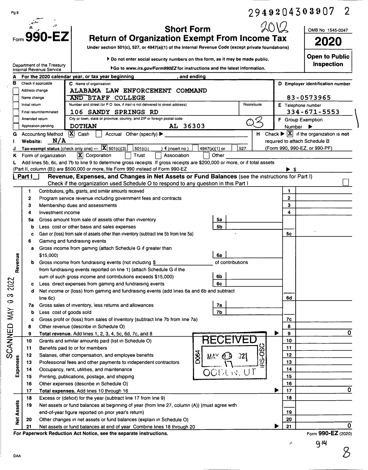 Image of first page of 2020 Form 990EZ for Alabama Law Enforcement Command and Staff College