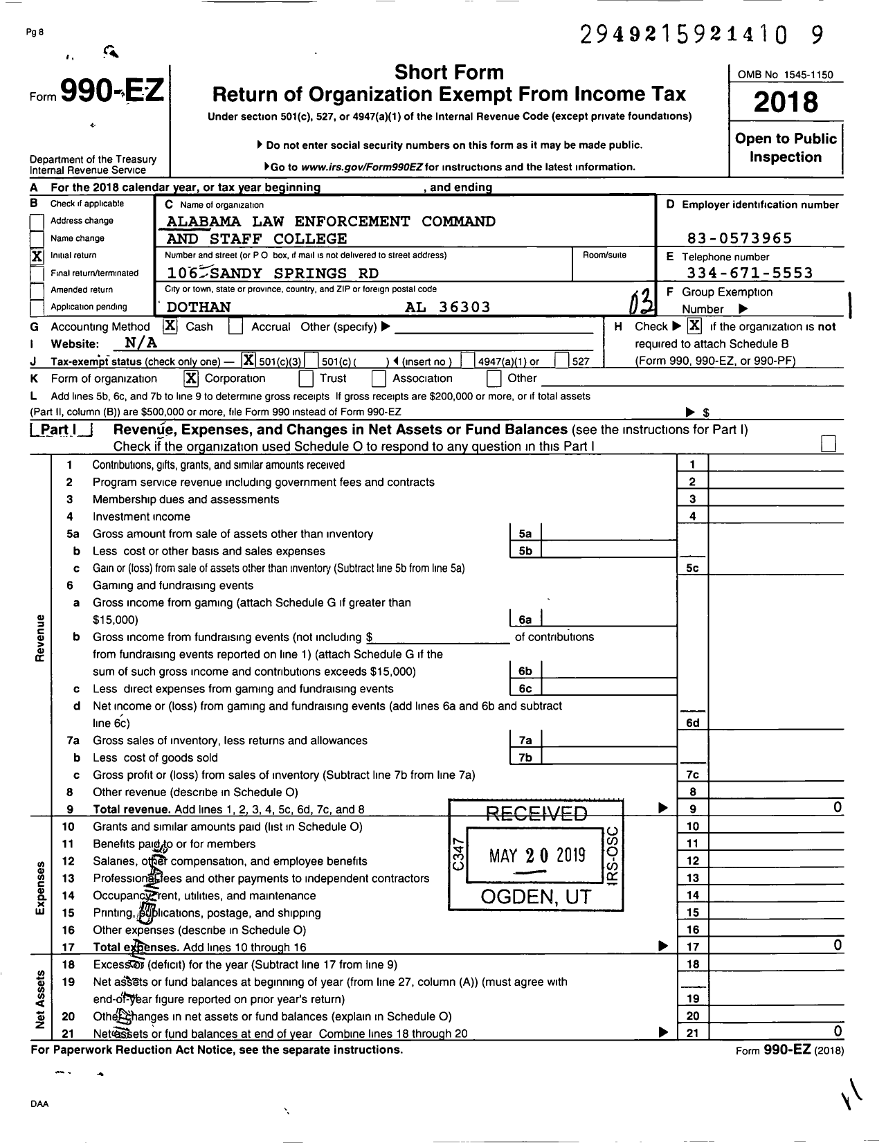 Image of first page of 2018 Form 990EZ for Alabama Law Enforcement Command and Staff College