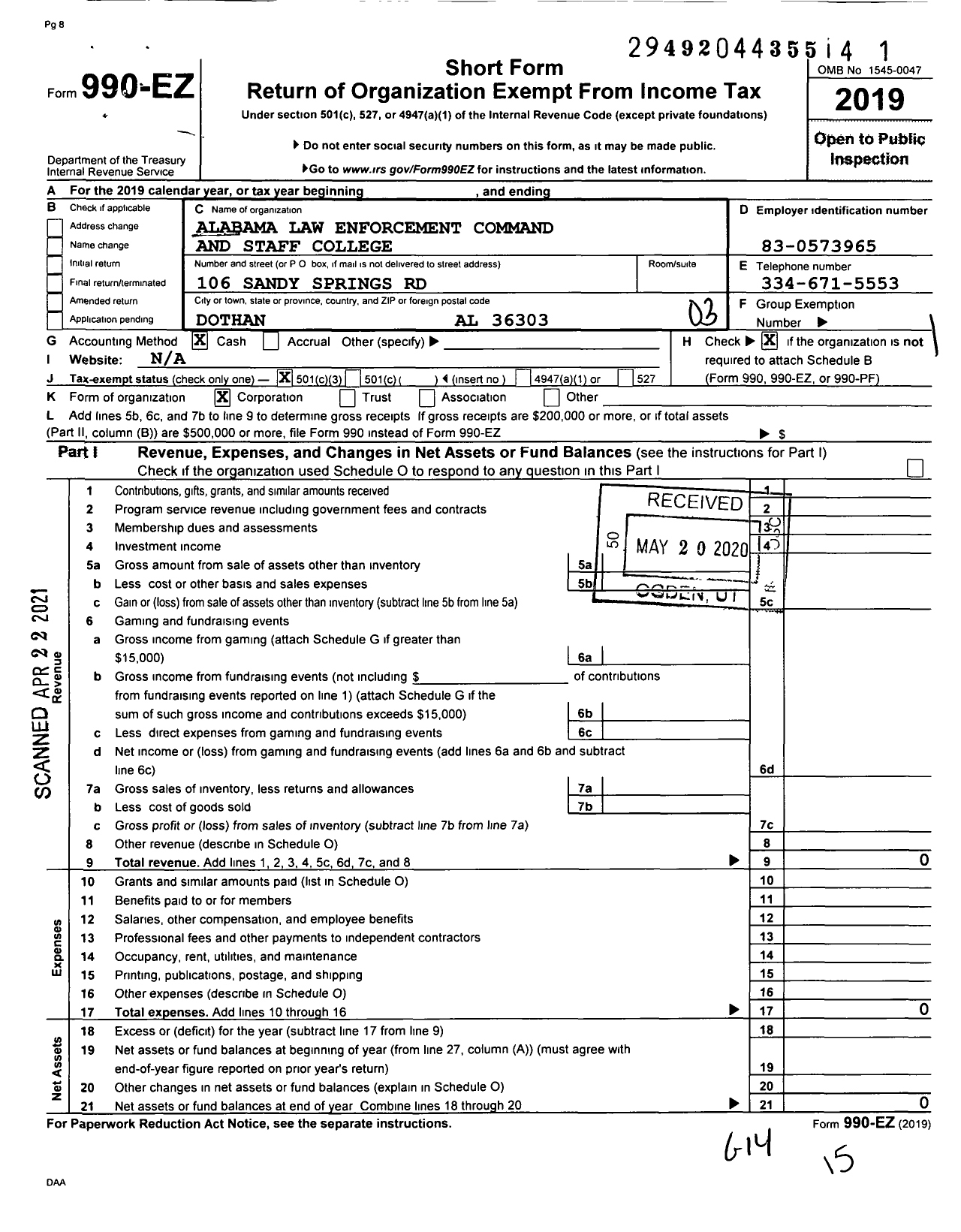 Image of first page of 2019 Form 990EZ for Alabama Law Enforcement Command and Staff College