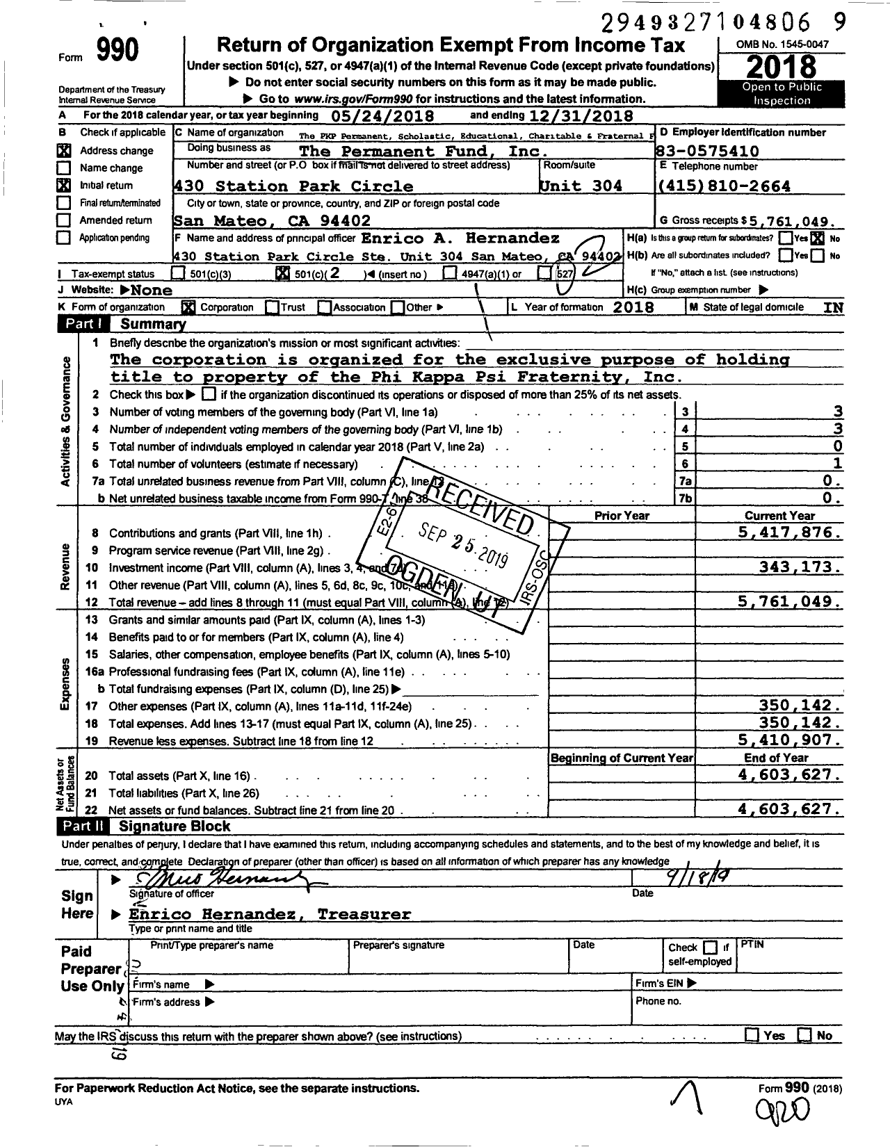 Image of first page of 2018 Form 990O for The Permanent Fund