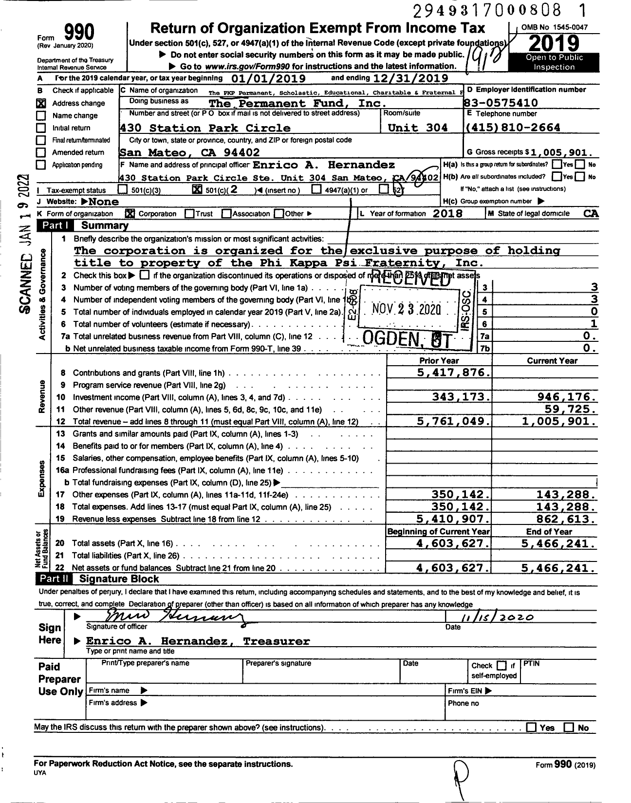 Image of first page of 2019 Form 990O for The Permanent Fund
