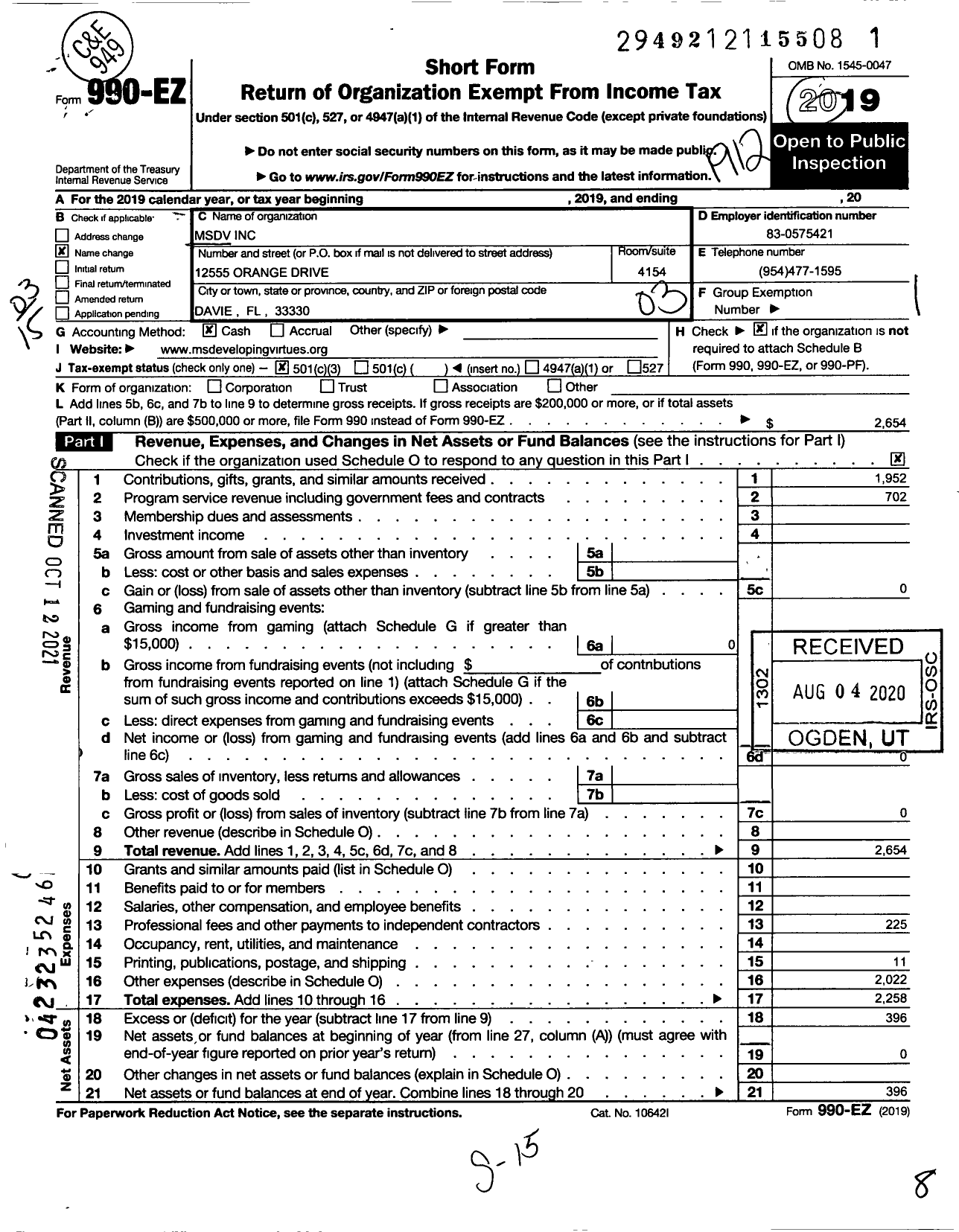 Image of first page of 2019 Form 990EZ for M Silver Developing Virtues (MSDV)