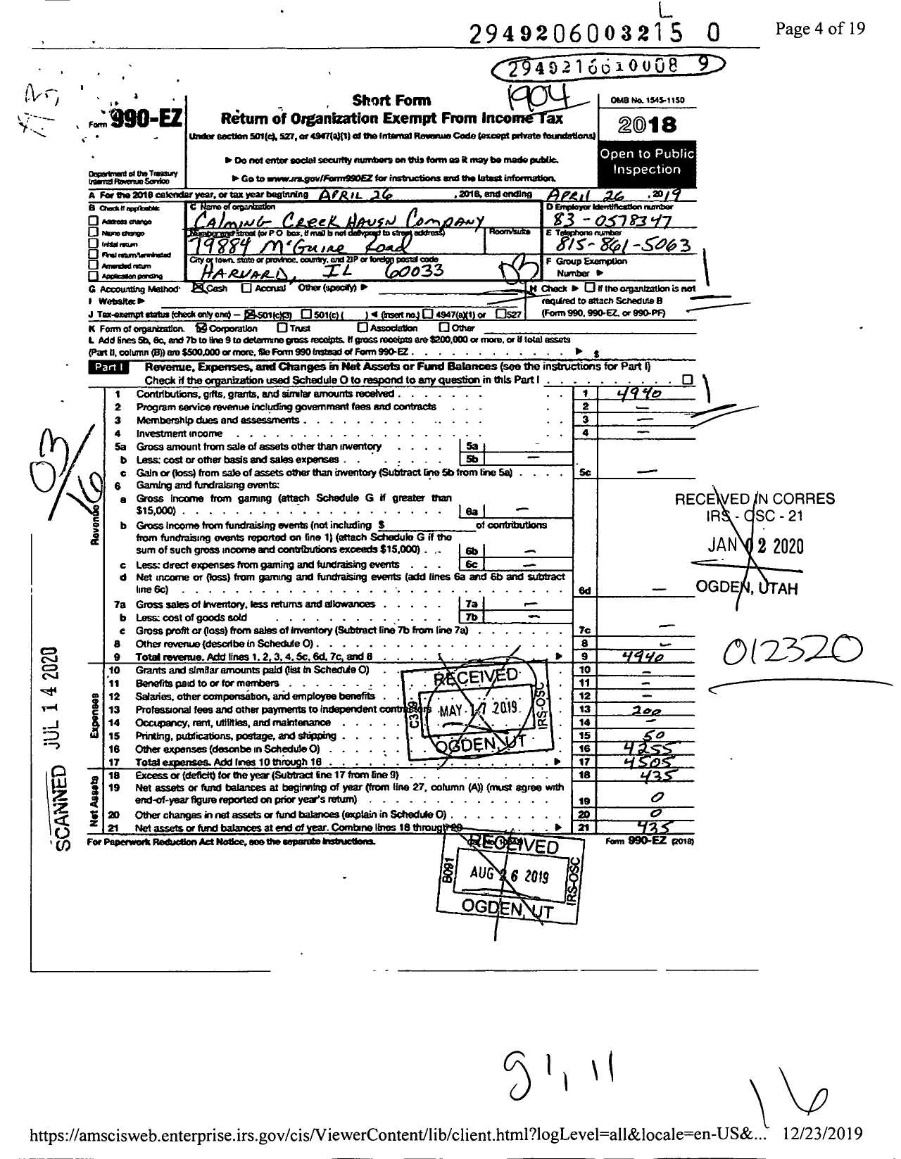 Image of first page of 2018 Form 990EZ for Calming Creek Haven Company