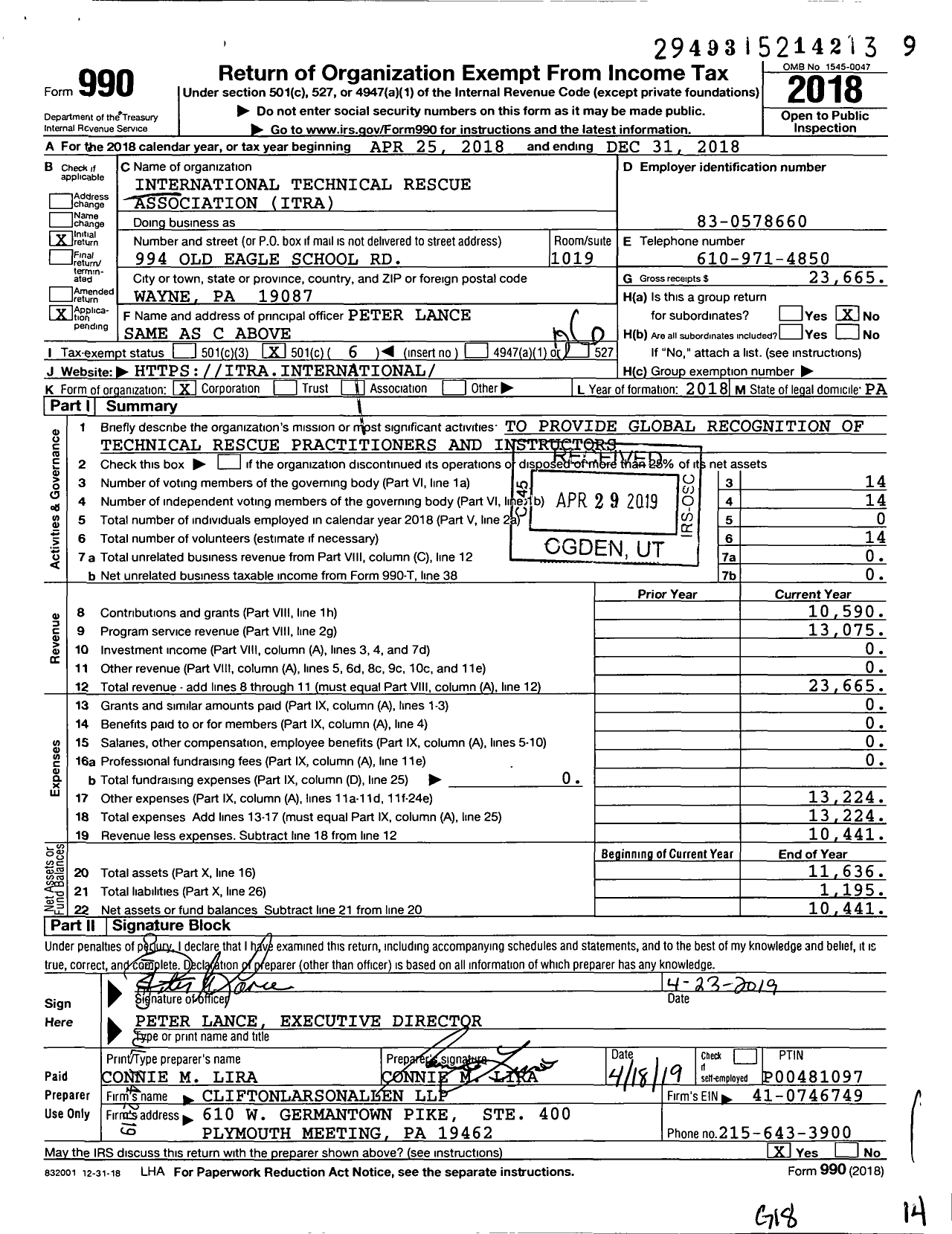 Image of first page of 2018 Form 990O for International Technical Rescue Association (ITRA)