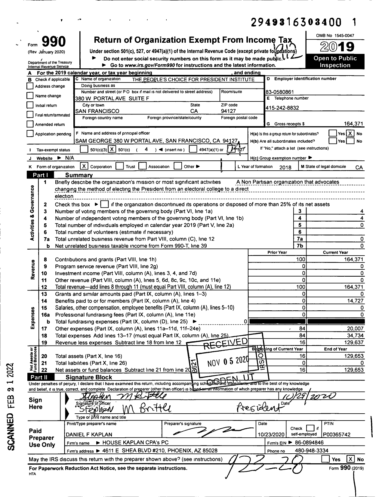 Image of first page of 2019 Form 990O for The People's Choice for President Institute