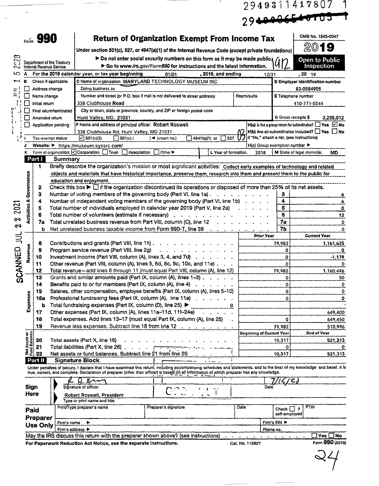 Image of first page of 2019 Form 990 for Maryland Technology Museum