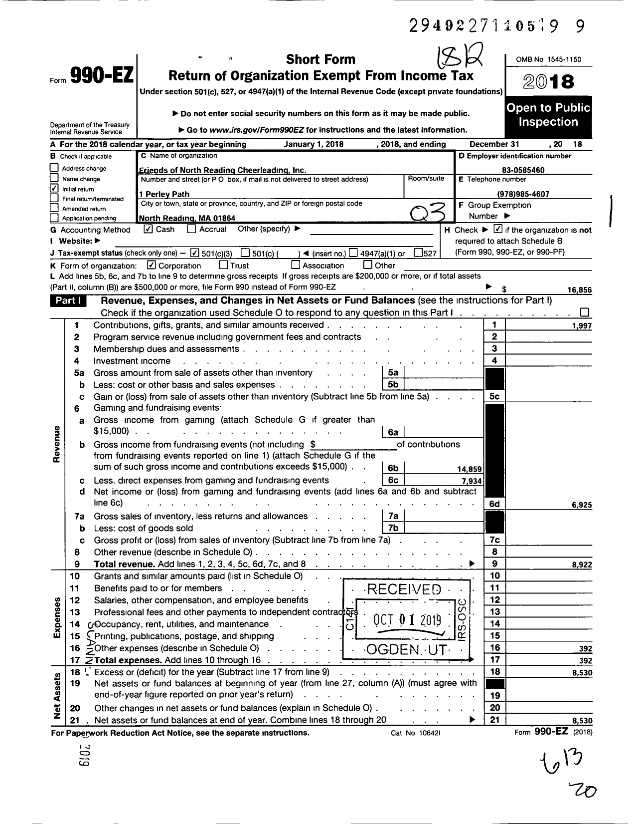 Image of first page of 2018 Form 990EZ for Friends of North Reading Cheerleading