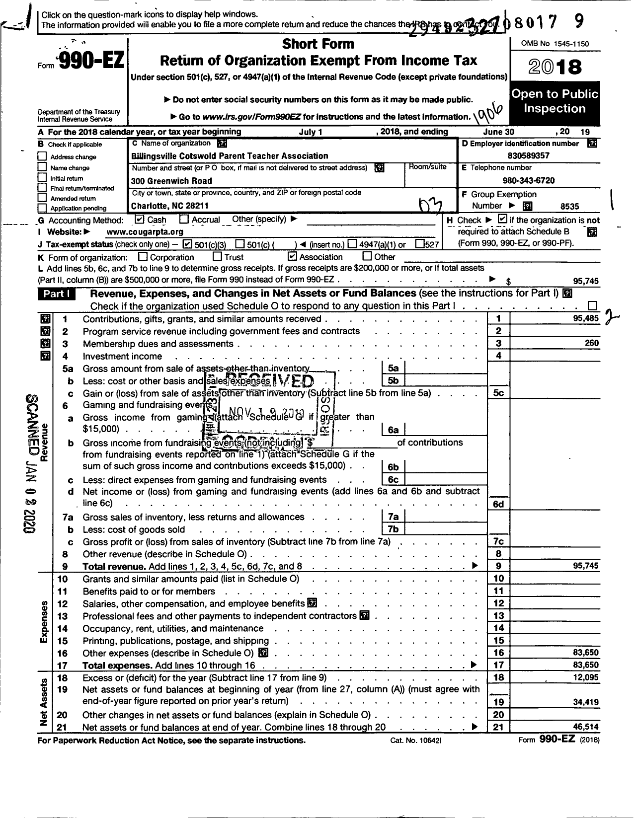 Image of first page of 2018 Form 990EZ for North Carolina PTA - Billingsville-Cotswold Elem School