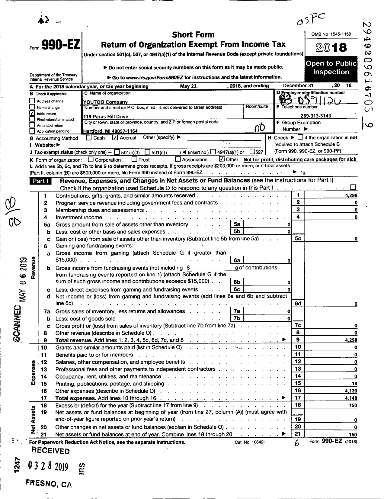 Image of first page of 2018 Form 990EO for Youtoo Company