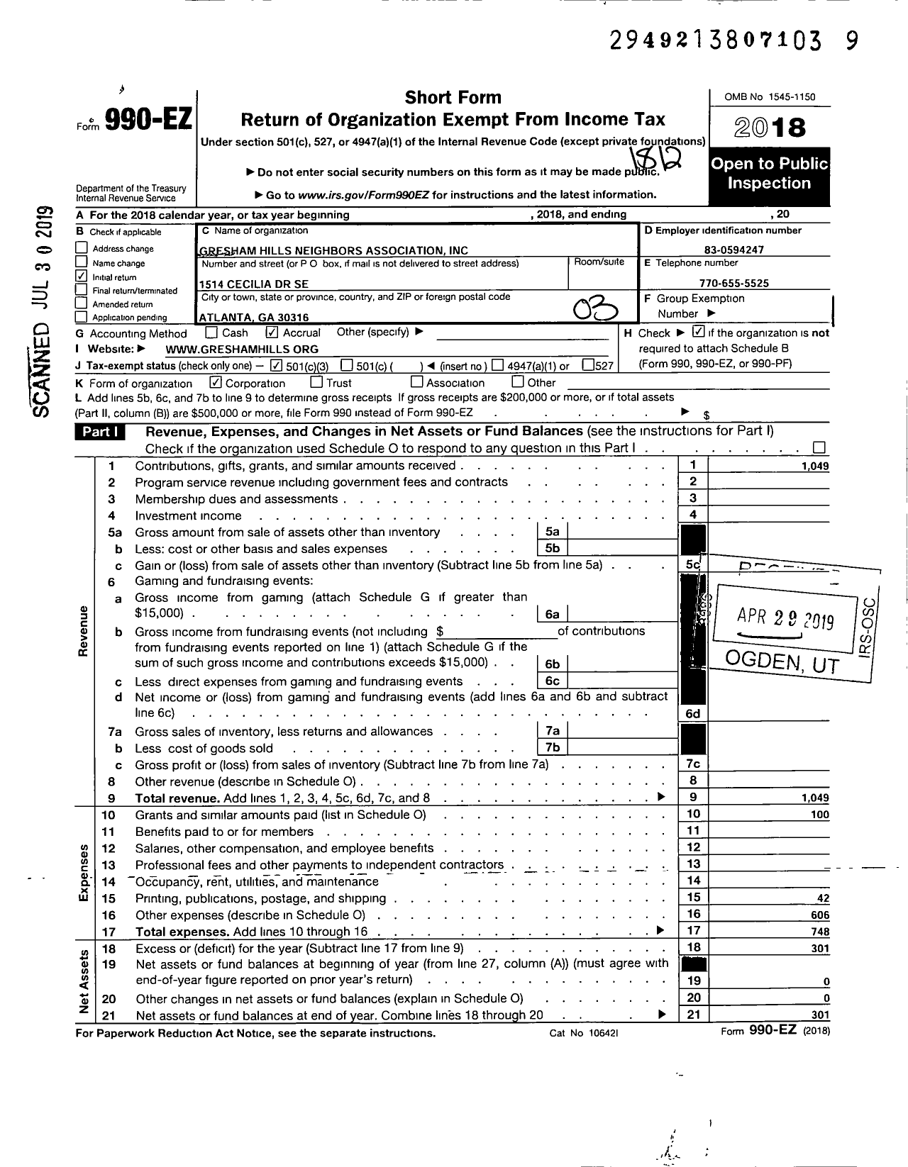 Image of first page of 2018 Form 990EZ for Neighbors of Gresham Park