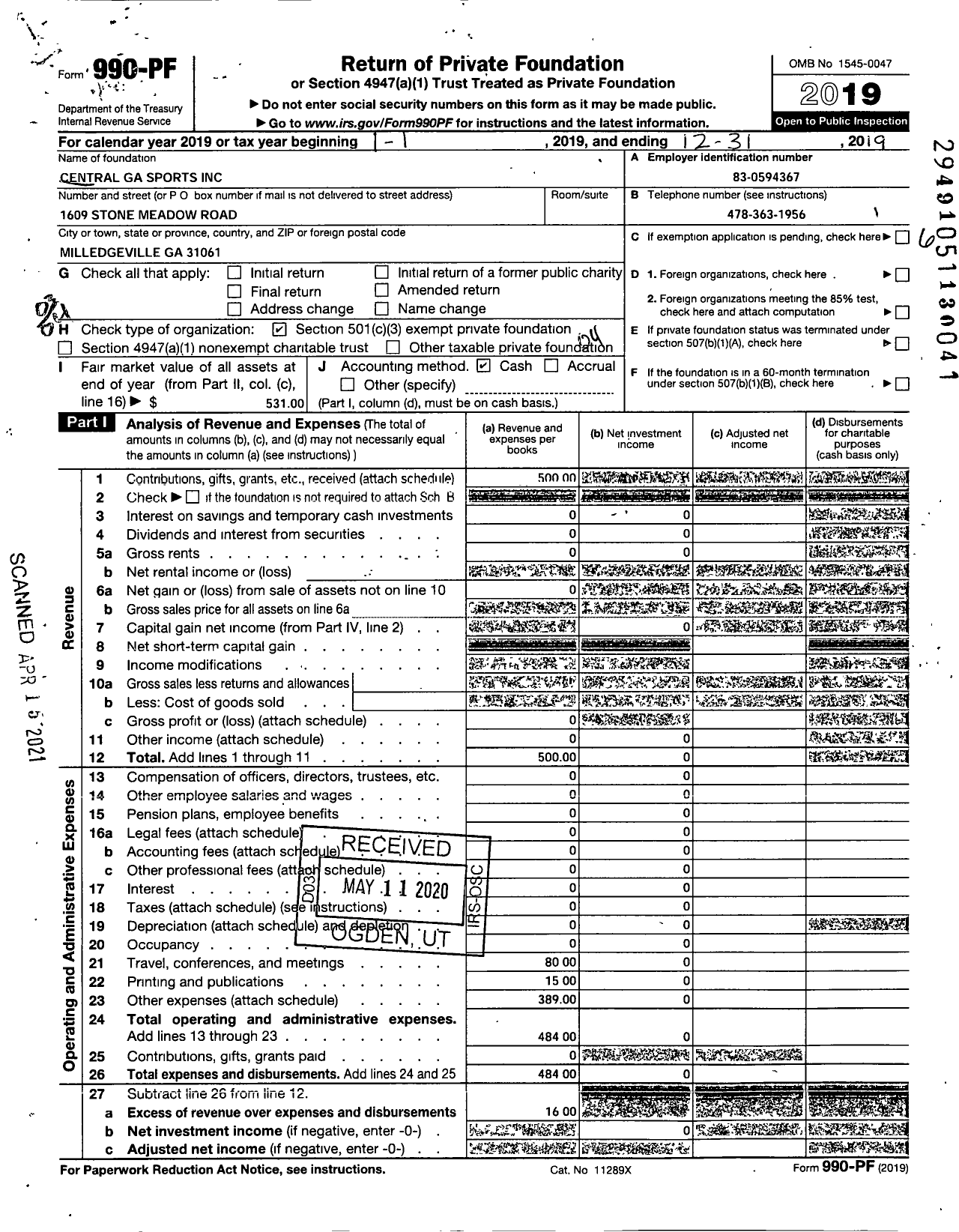 Image of first page of 2019 Form 990PF for Central Ga Sports