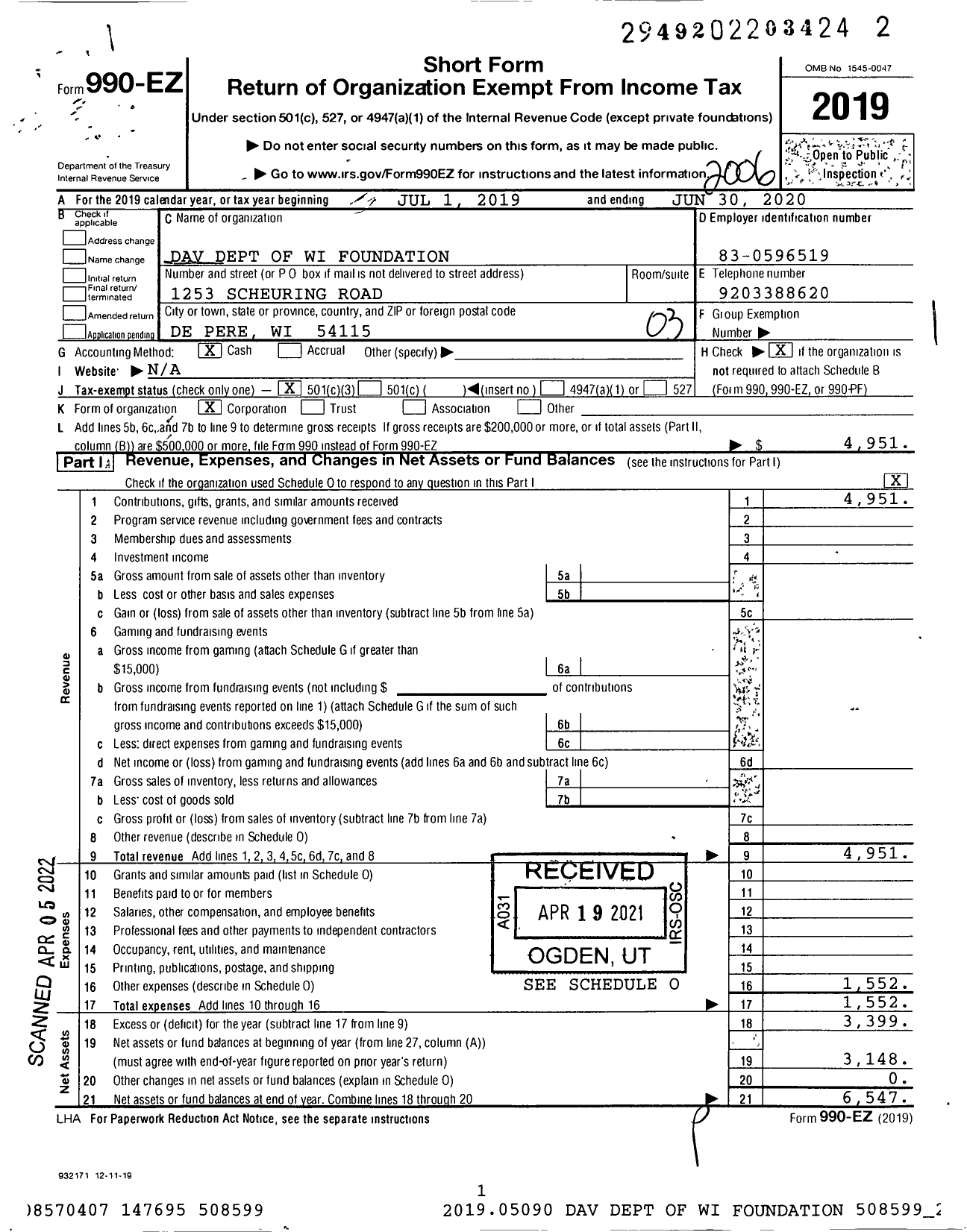 Image of first page of 2019 Form 990EZ for Dav Dept of Wi Foundation