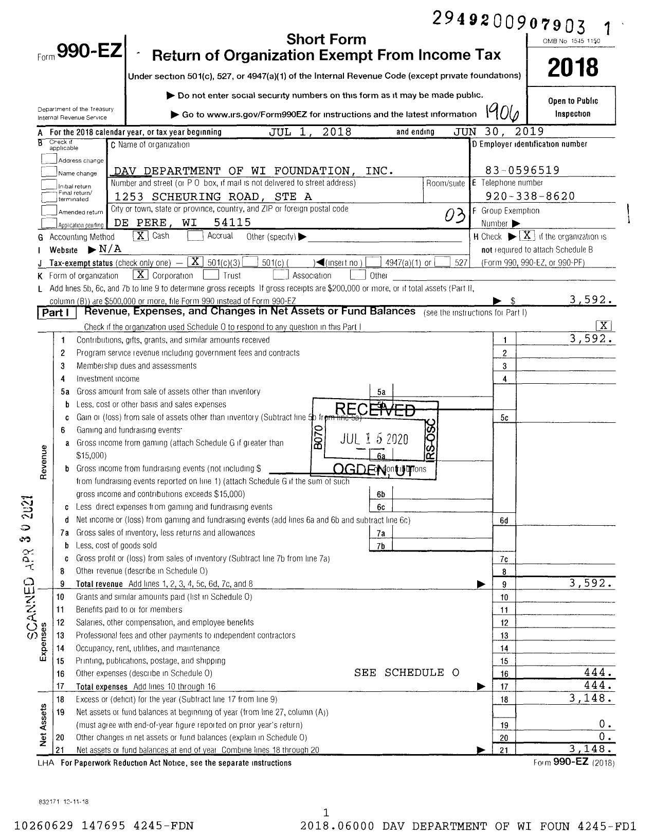 Image of first page of 2018 Form 990EZ for Dav Dept of Wi Foundation