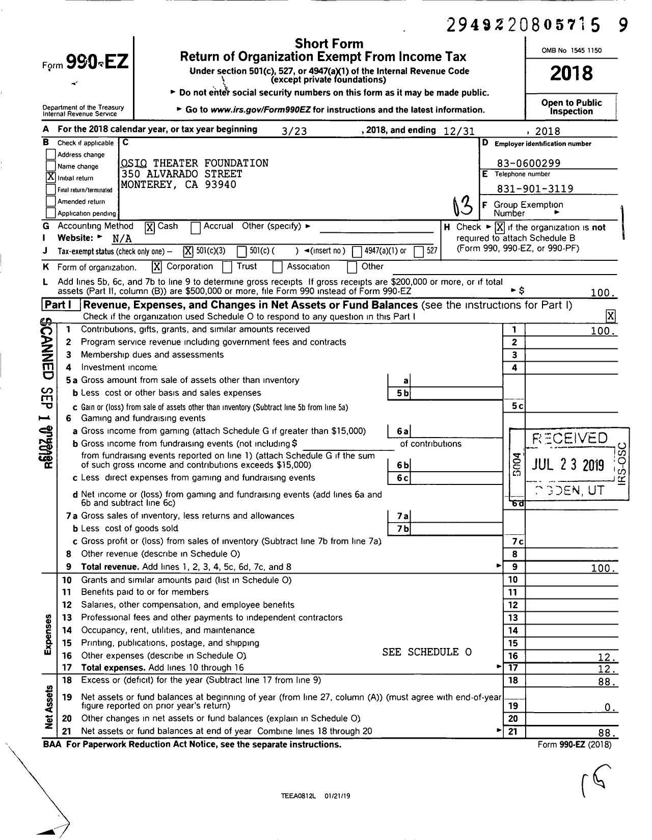 Image of first page of 2018 Form 990EZ for Osio Theater