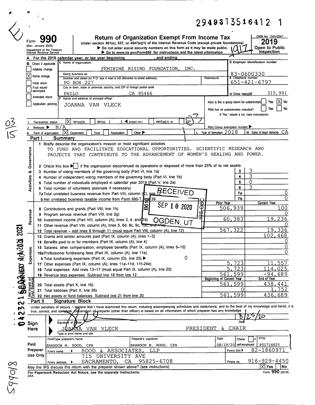 Image of first page of 2019 Form 990 for Feminine Rising Foundation