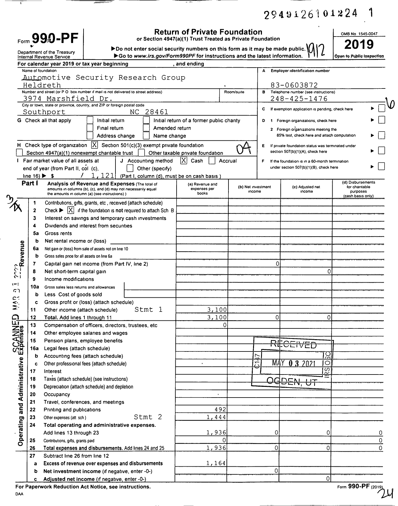 Image of first page of 2019 Form 990PF for Automotive Security Research Group John Heldreth