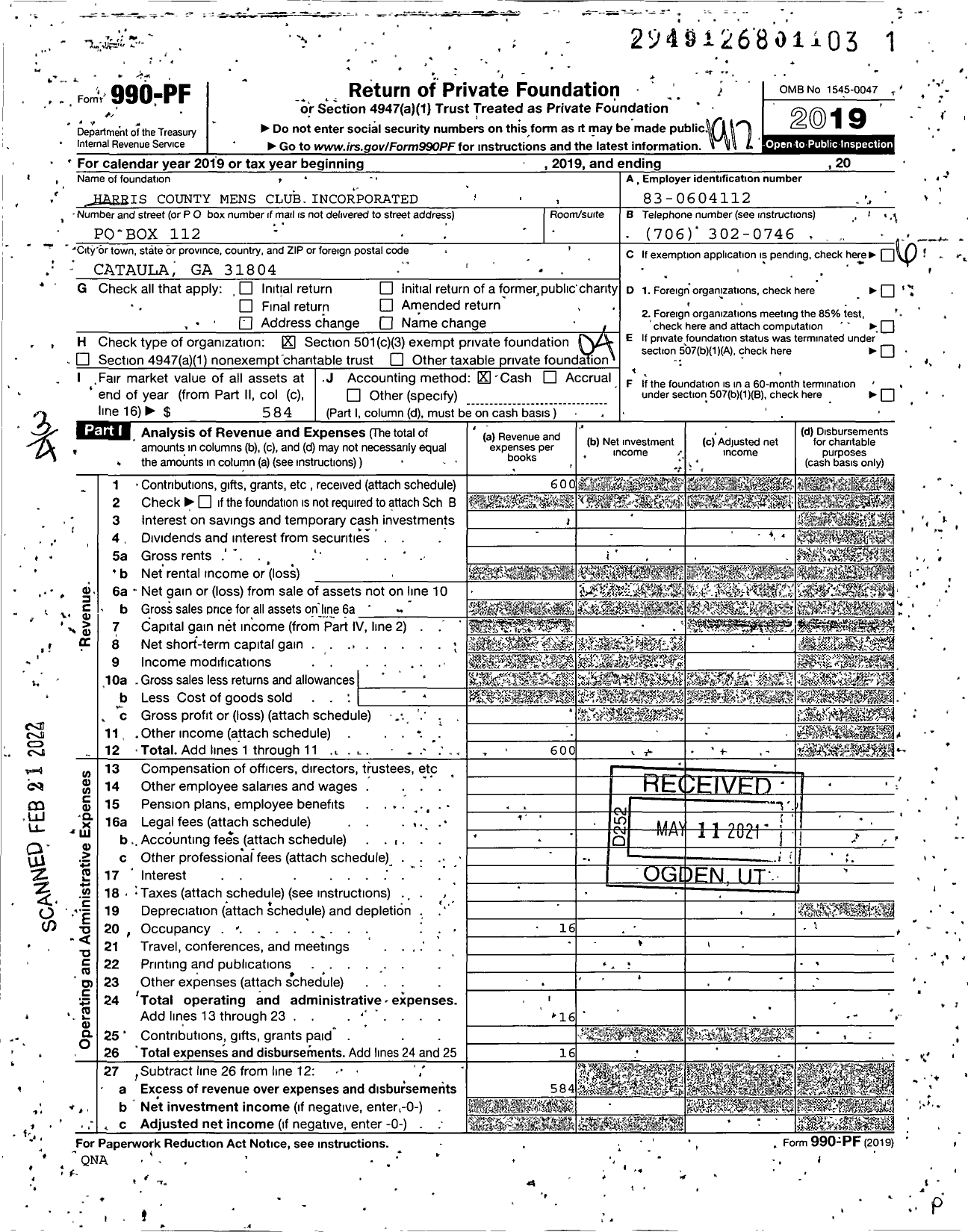 Image of first page of 2019 Form 990PF for Harris County Mens Club Incorporated