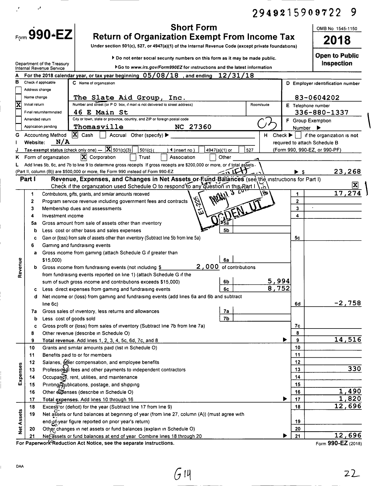 Image of first page of 2018 Form 990EZ for The Slate Aid Group