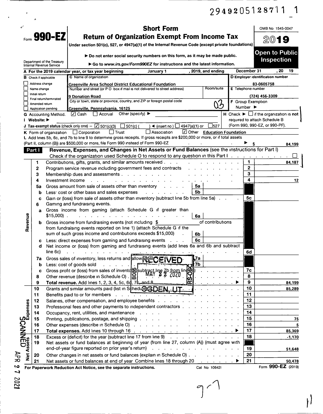 Image of first page of 2019 Form 990EZ for Greenville Area School District Educational Foundation