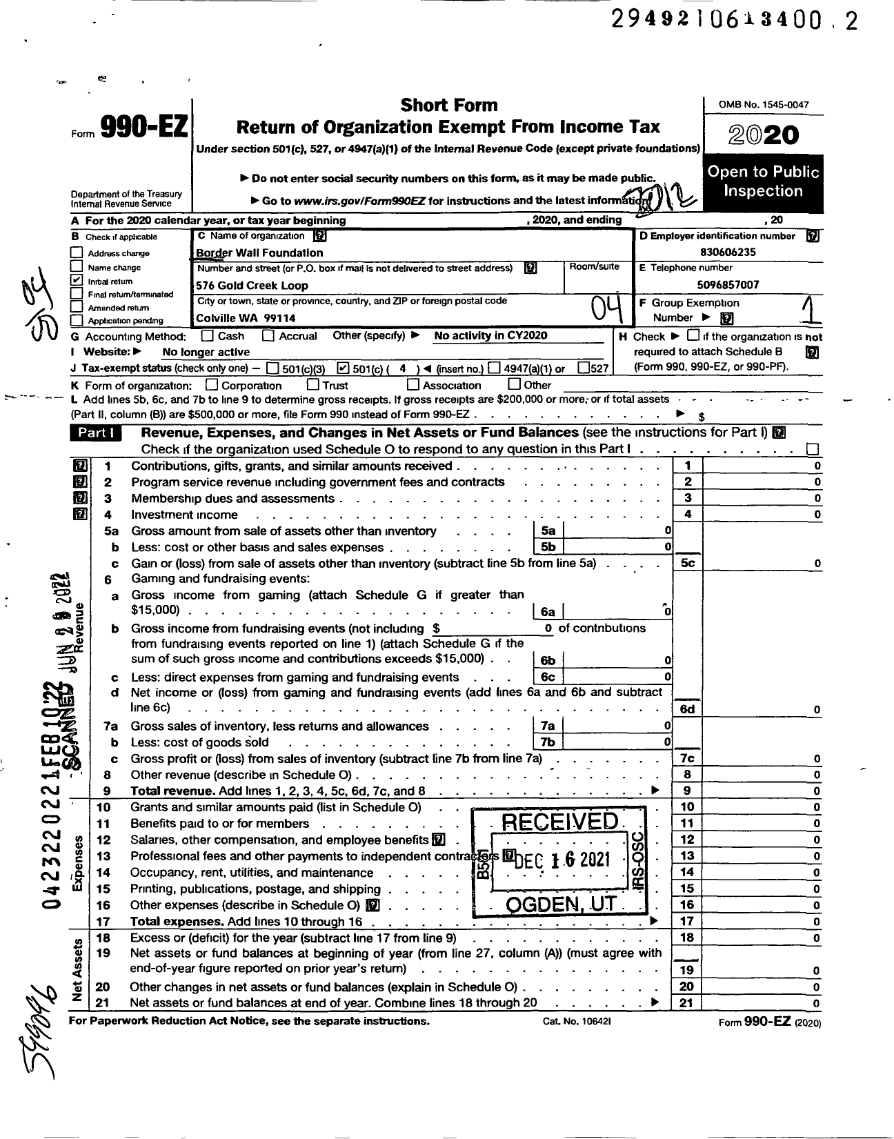 Image of first page of 2020 Form 990EO for Border Wall Foundation