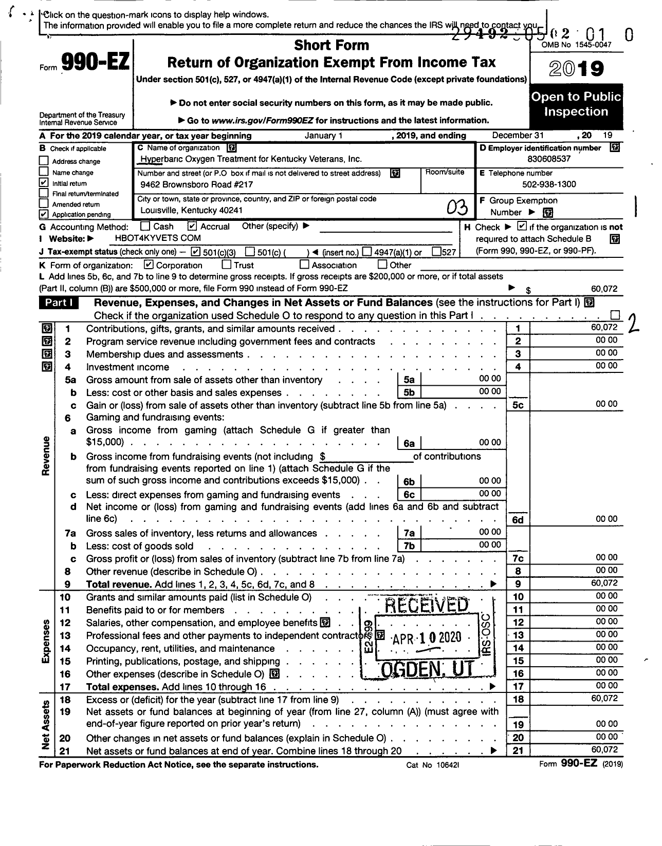 Image of first page of 2019 Form 990EZ for Hyperbaric Oxygen Treatment for Kentucky Veterans