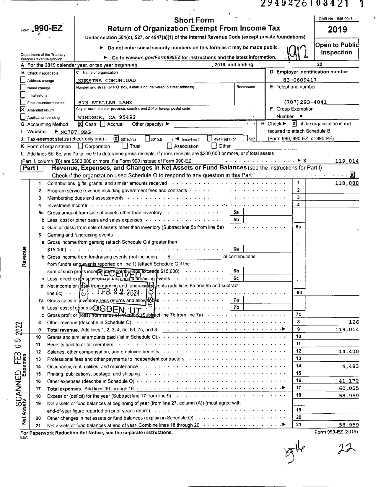 Image of first page of 2019 Form 990EZ for Nuestra Comunidad