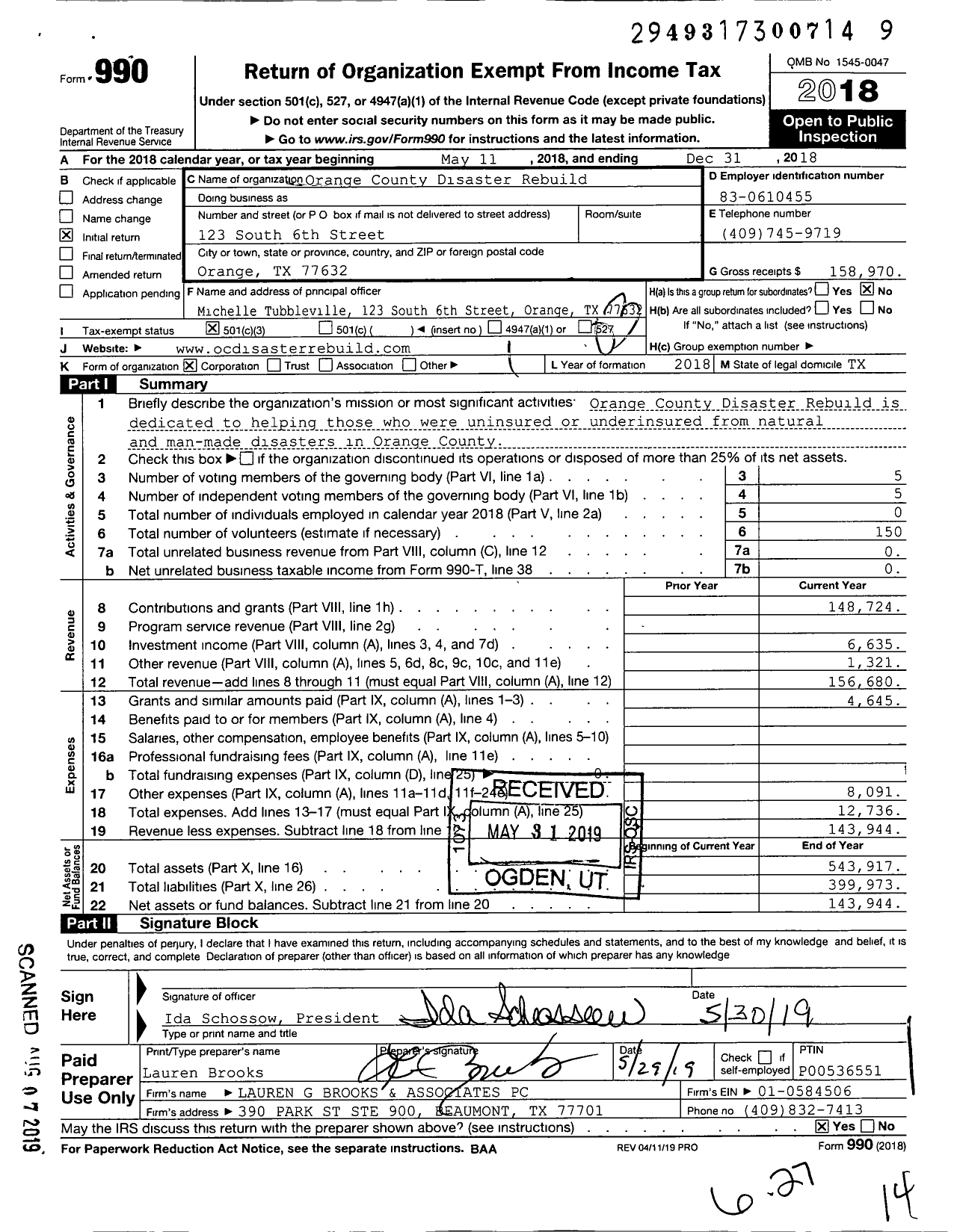 Image of first page of 2018 Form 990 for Orange County Disaster Rebuild