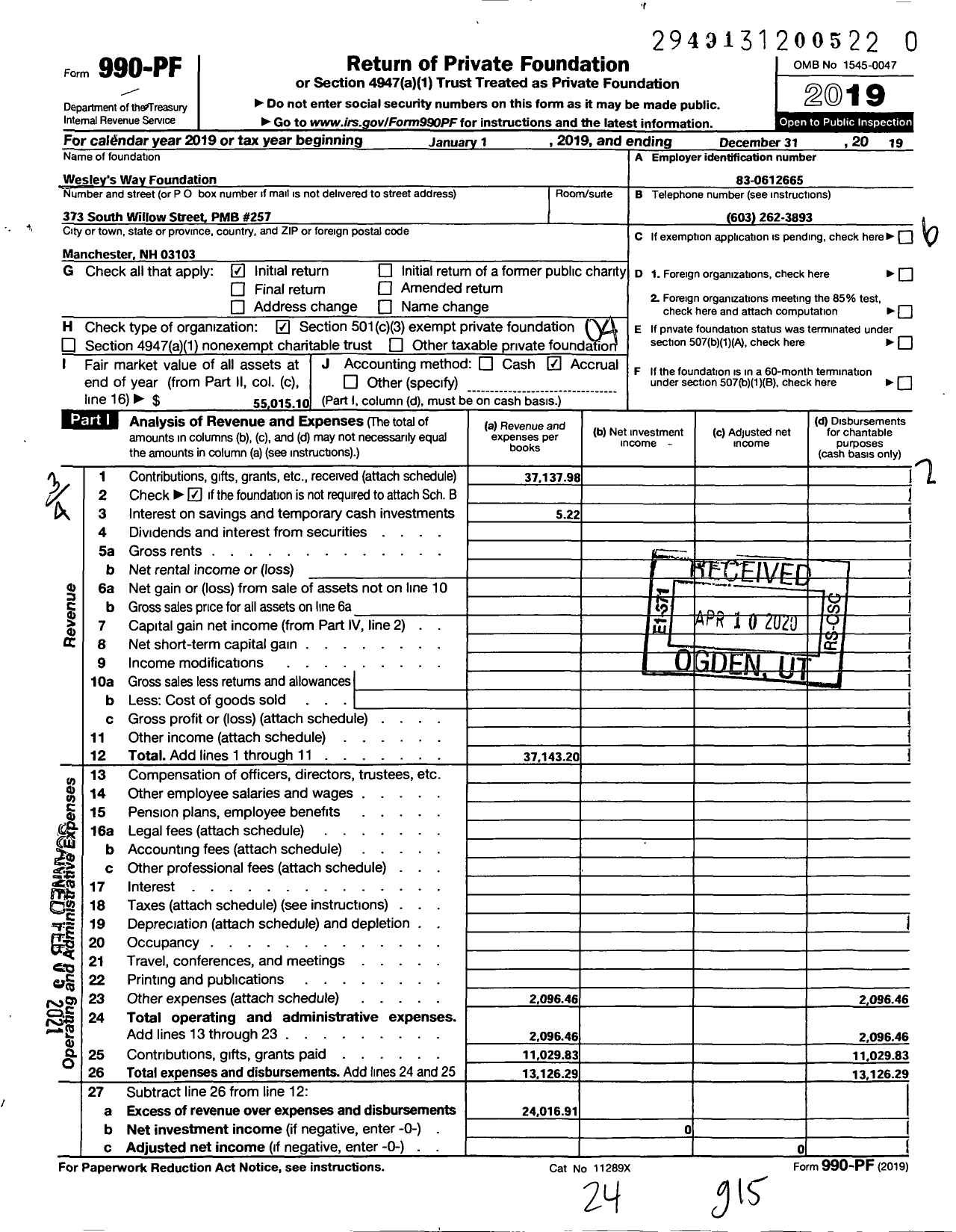 Image of first page of 2019 Form 990PF for Wesley S Way Foundation