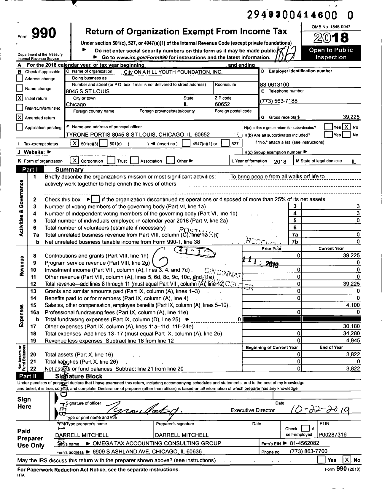 Image of first page of 2018 Form 990 for City on a Hill Youth Foundation