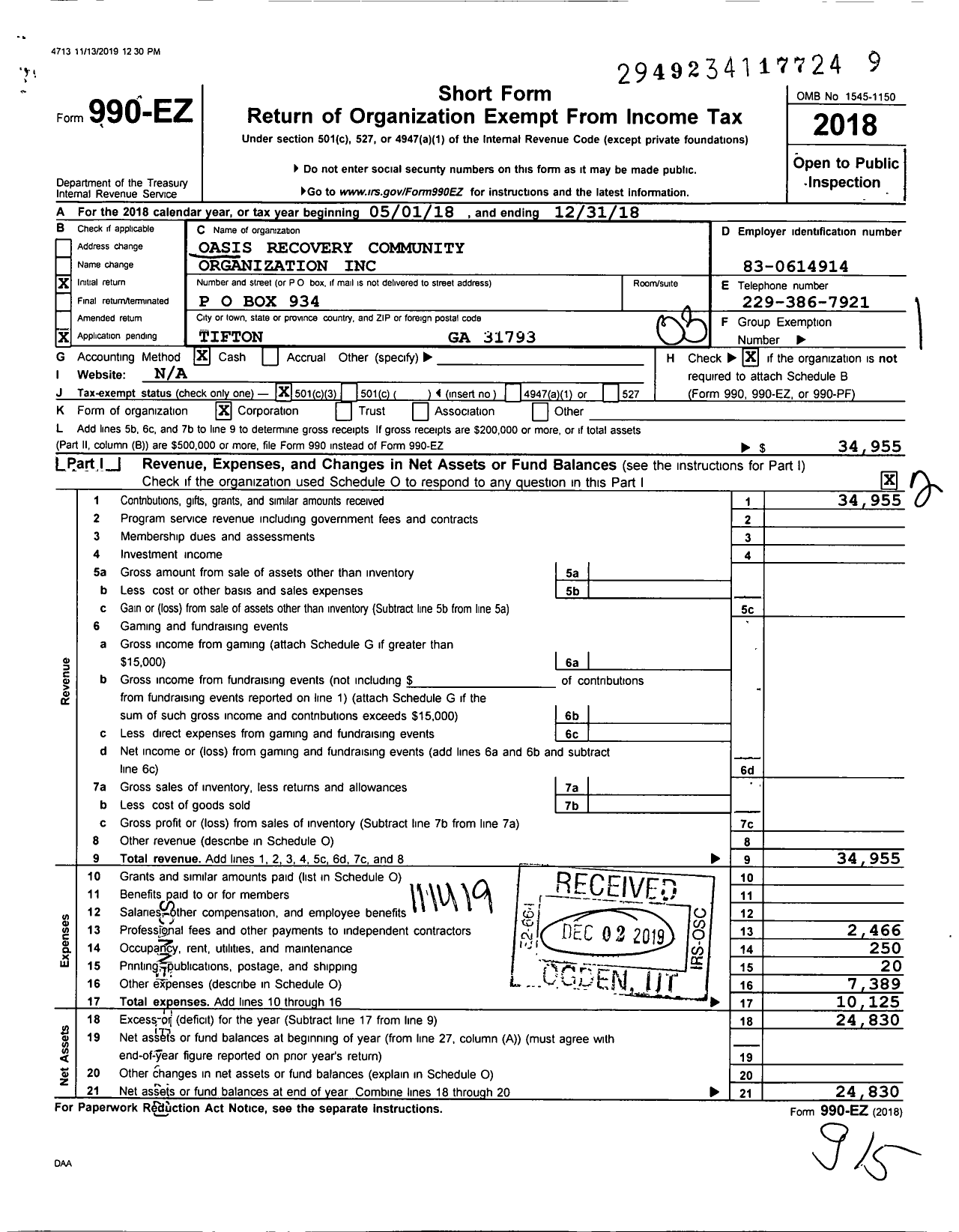 Image of first page of 2018 Form 990EZ for Oasis Recovery Community Organization