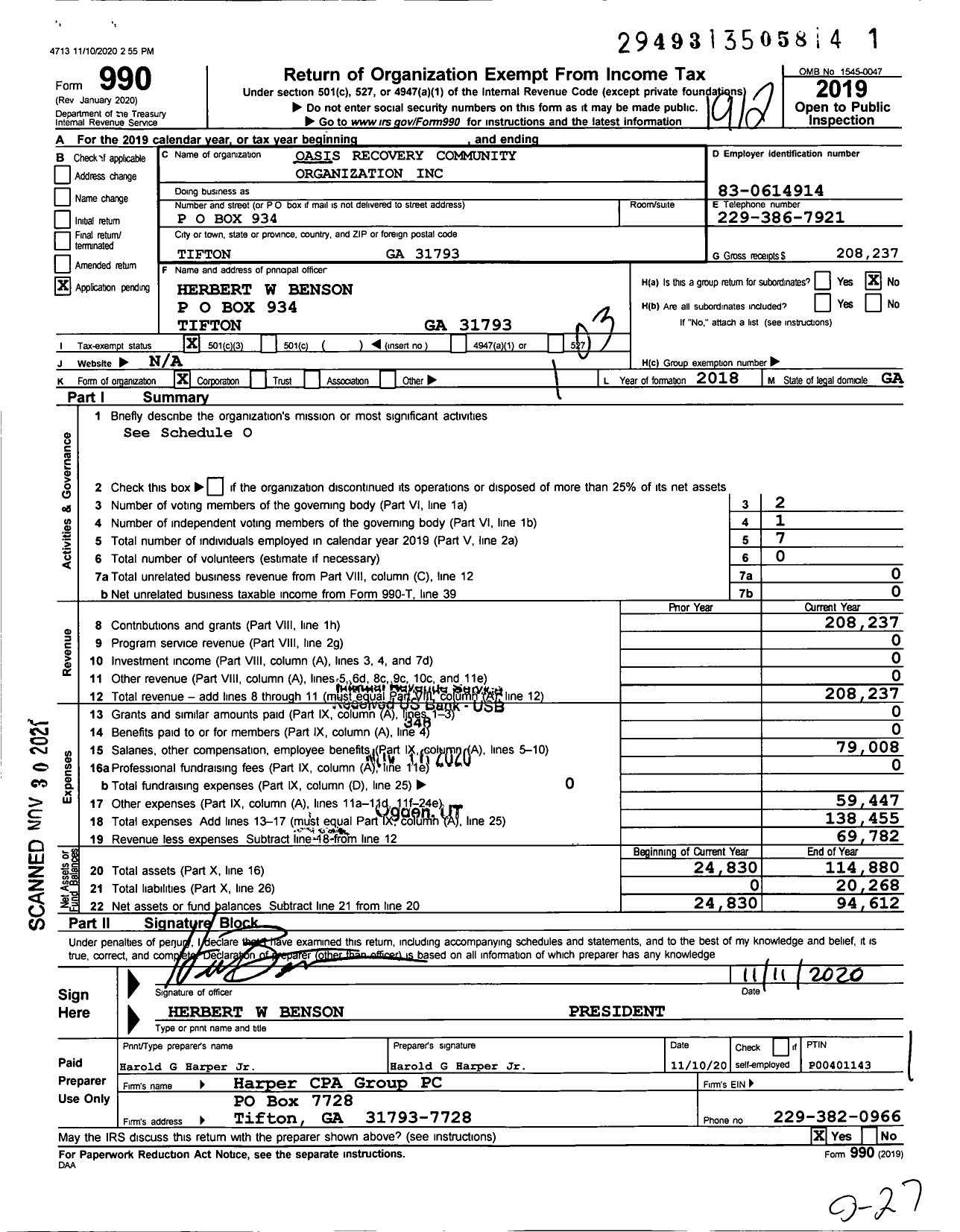 Image of first page of 2019 Form 990 for Oasis Recovery Community Organization