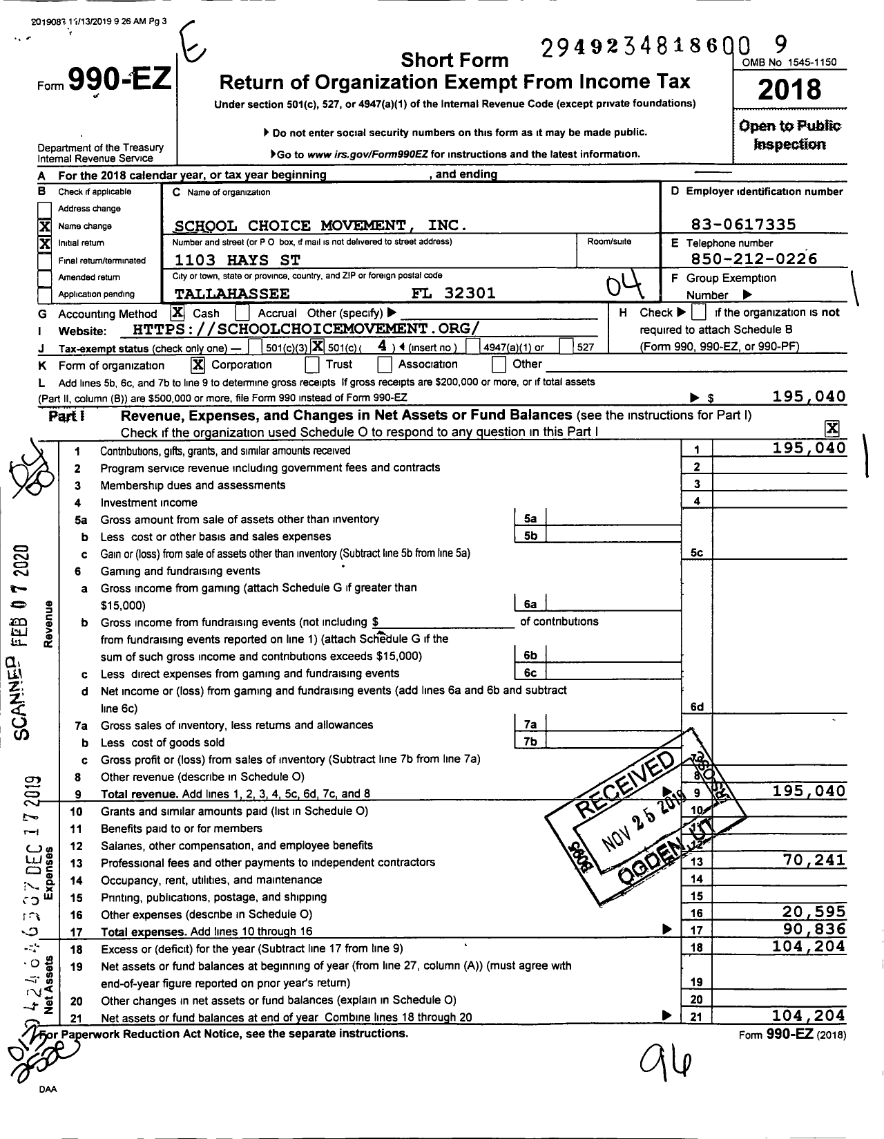 Image of first page of 2018 Form 990EO for School Choice Movement