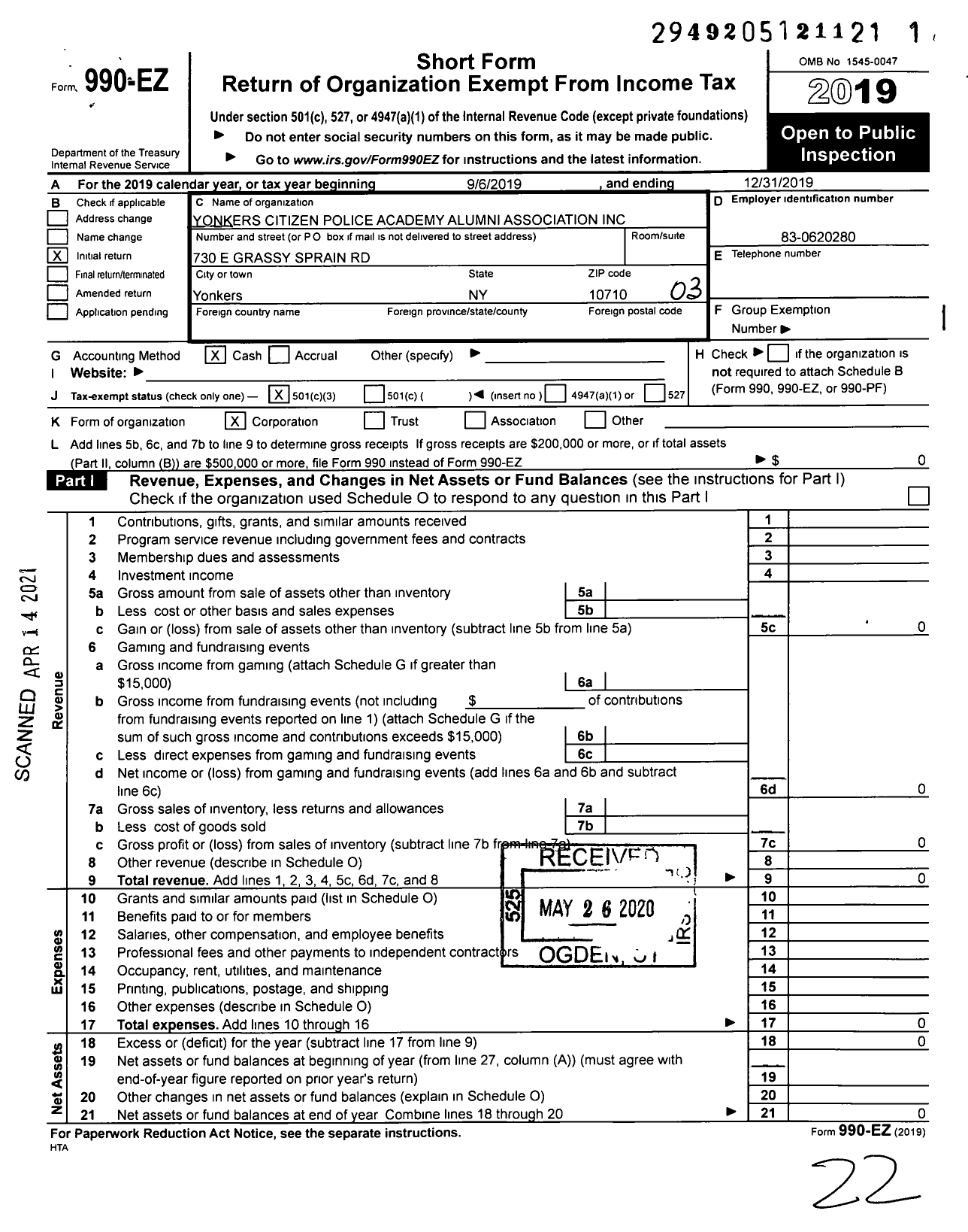 Image of first page of 2019 Form 990EZ for Yonkers Citizen Police Academy Alumni Association