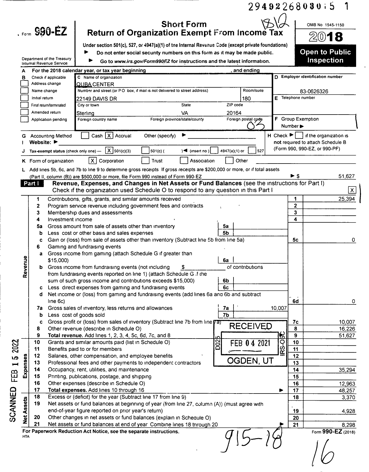 Image of first page of 2018 Form 990EZ for Quba Center