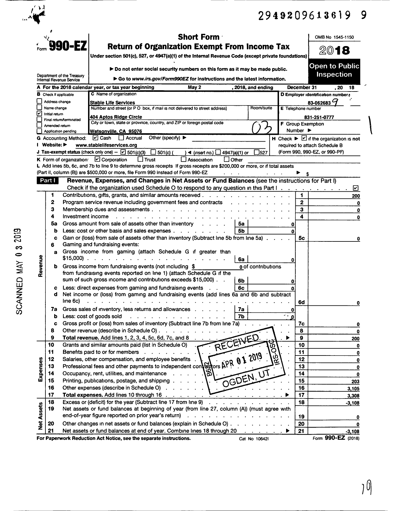Image of first page of 2018 Form 990EZ for Stable Life Services