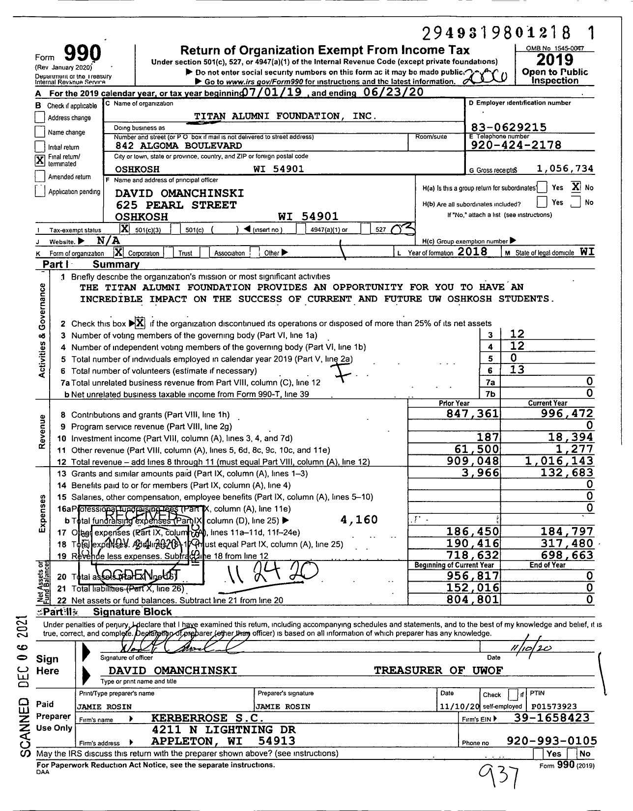 Image of first page of 2019 Form 990 for Titan Alumni Foundation