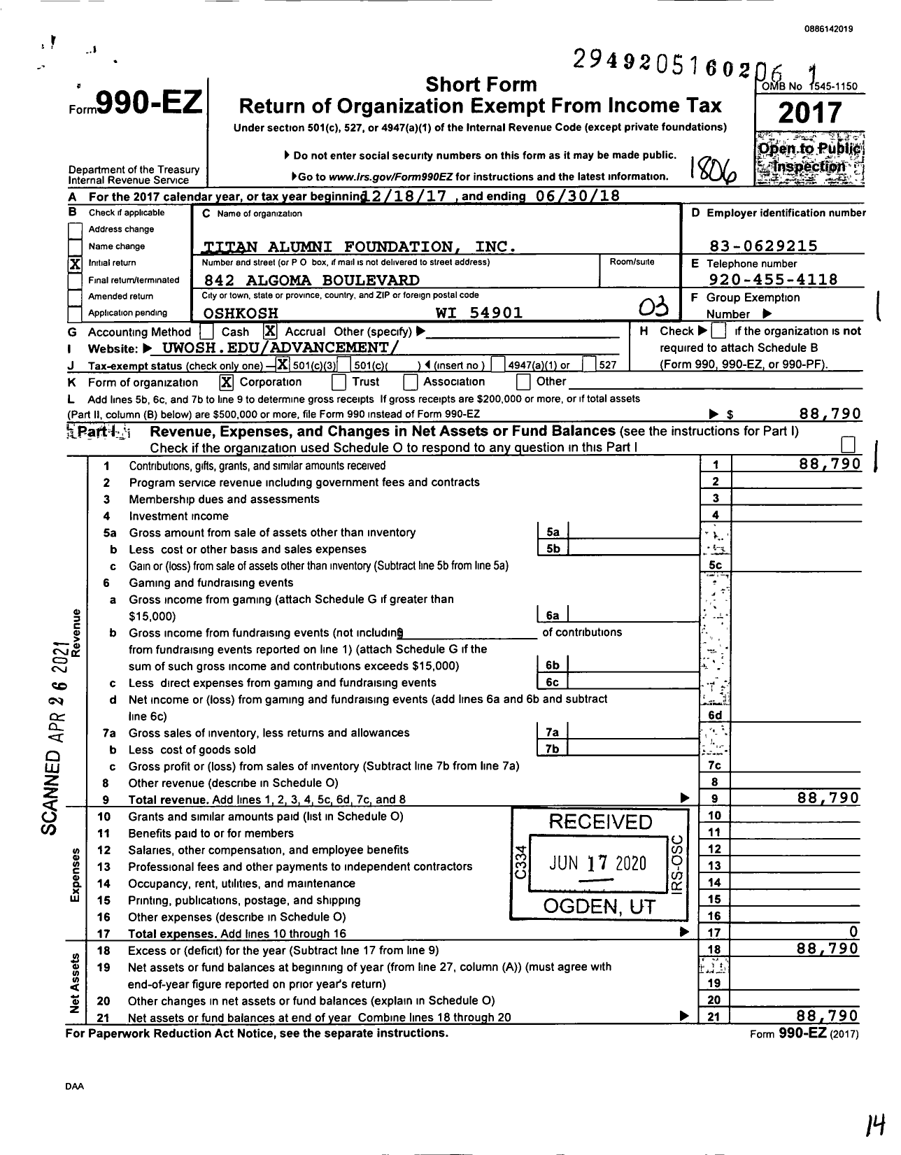 Image of first page of 2017 Form 990EZ for Titan Alumni Foundation