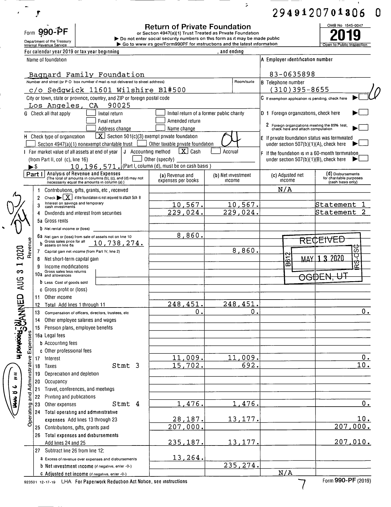 Image of first page of 2019 Form 990PR for Bagnard Family Foundation