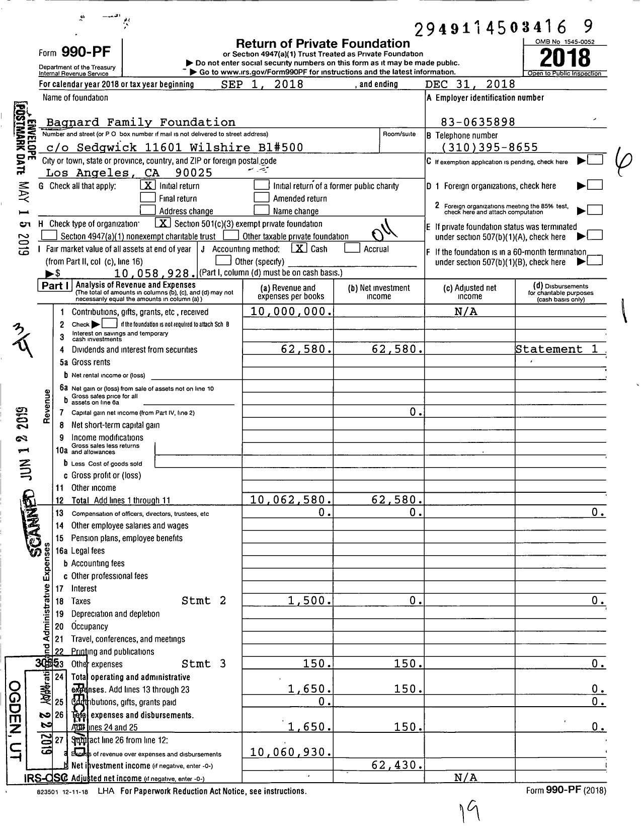 Image of first page of 2018 Form 990PF for Bagnard Family Foundation