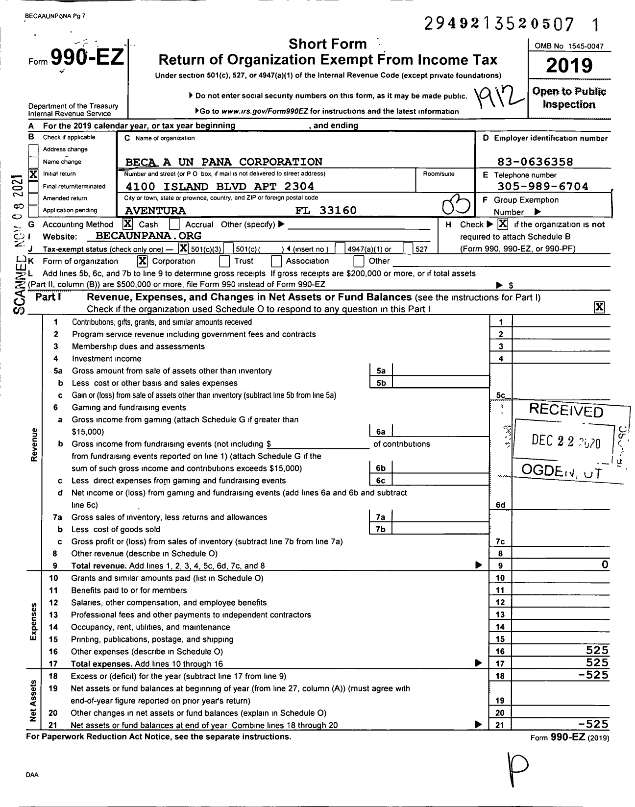 Image of first page of 2019 Form 990EZ for Beca A Un Pana Corporation