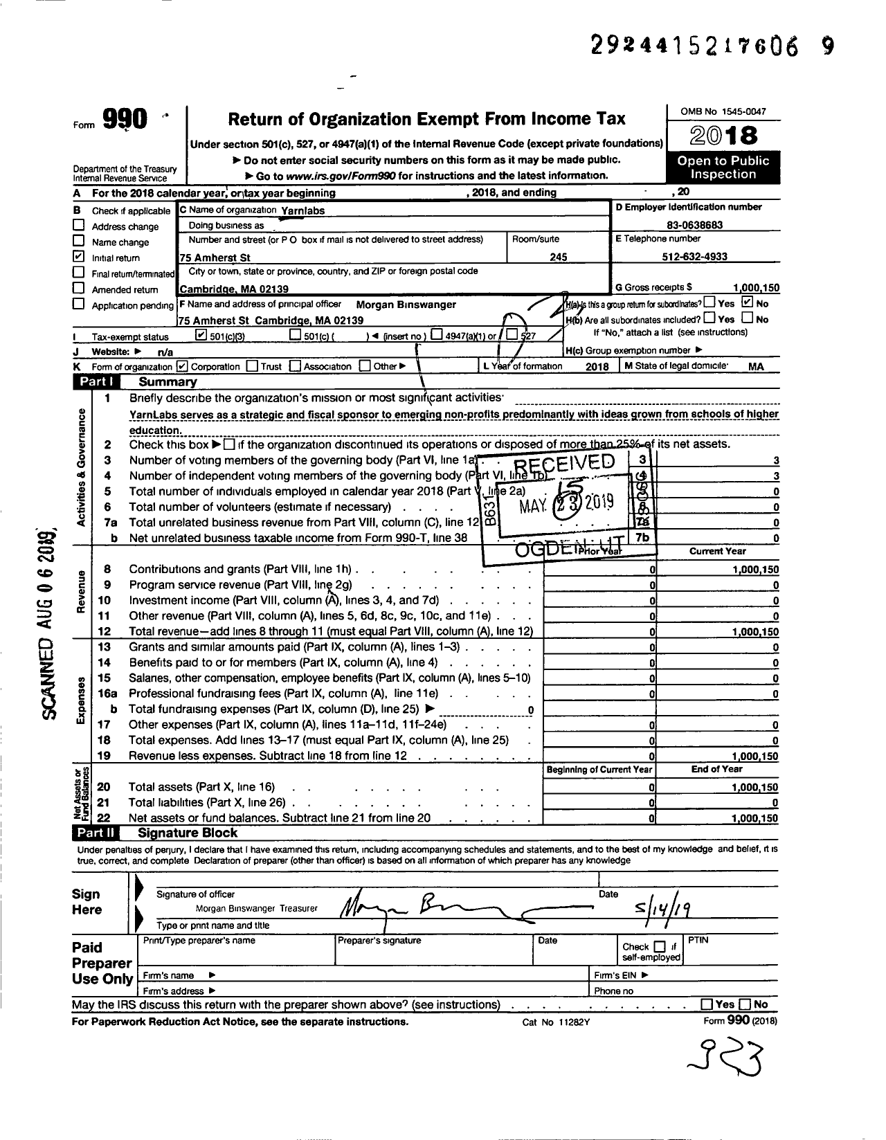 Image of first page of 2018 Form 990 for YarnLabs