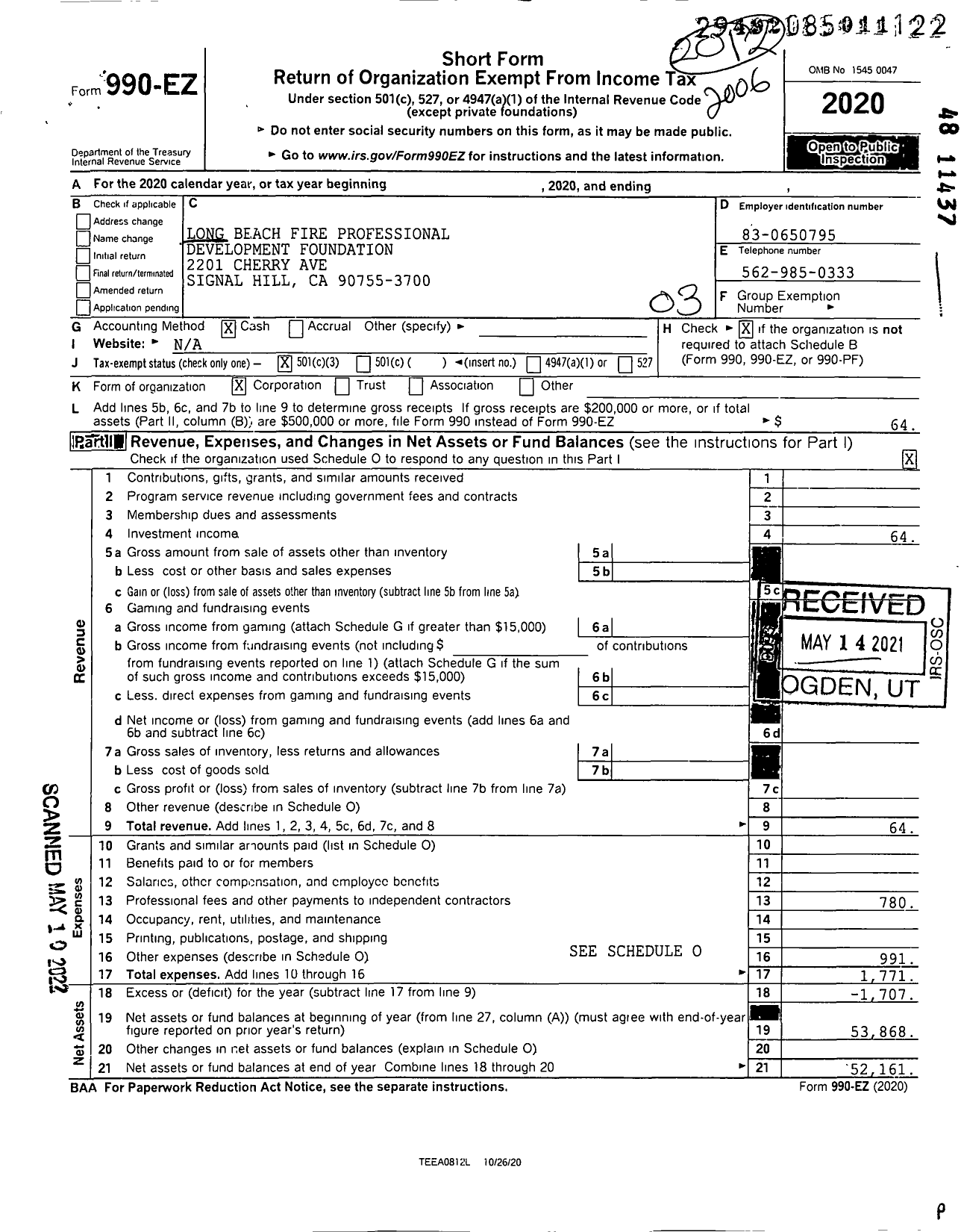 Image of first page of 2019 Form 990EZ for Long Beach Fire Professional Development Foundation